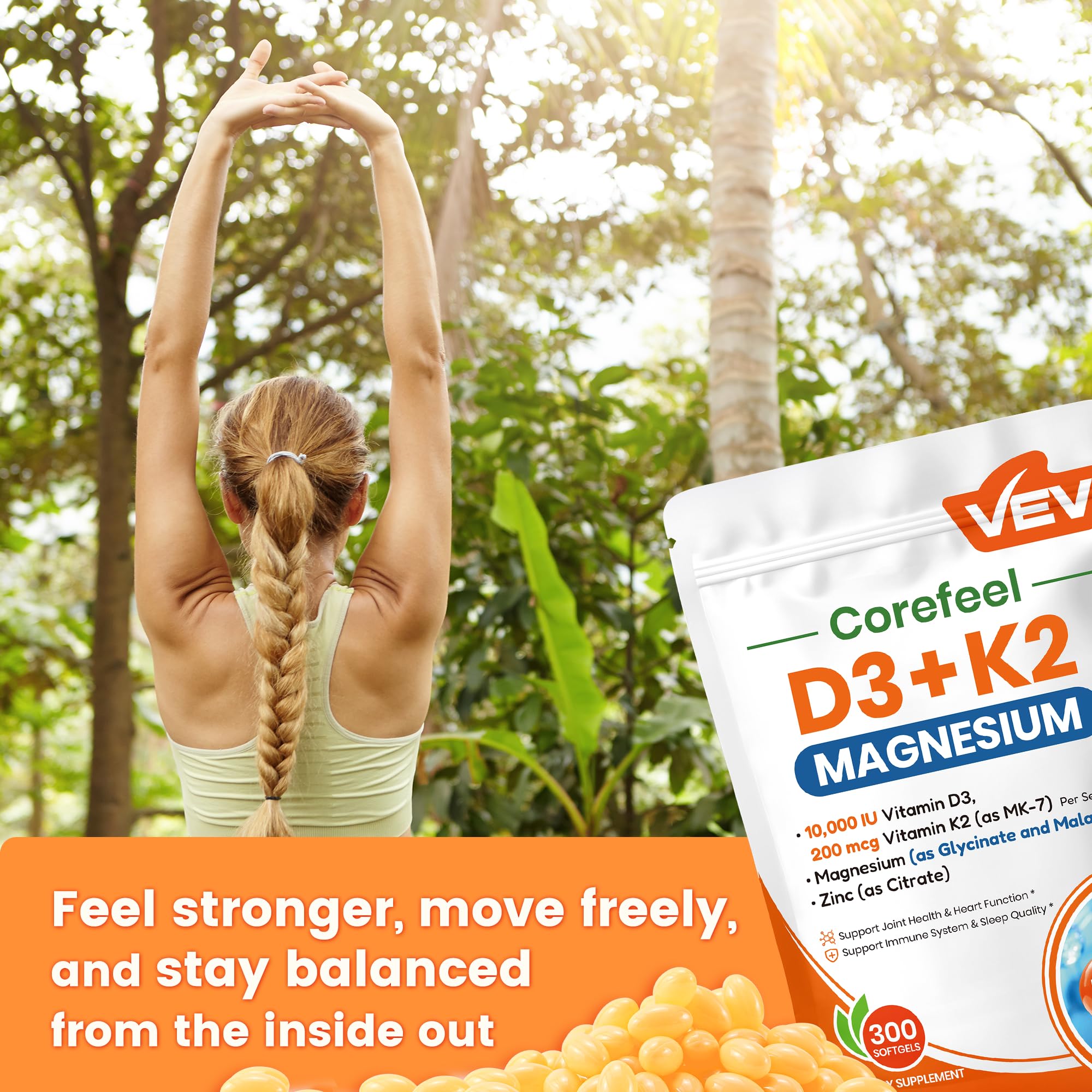 VEV Corefeel Vitamin D3 K2 10,000 IU Magnesium Supplement, 300 Softgels | Vitamin K2 as MK-7, Coconut Oil, Magnesium Glycinate & Malate, Zinc Citrate