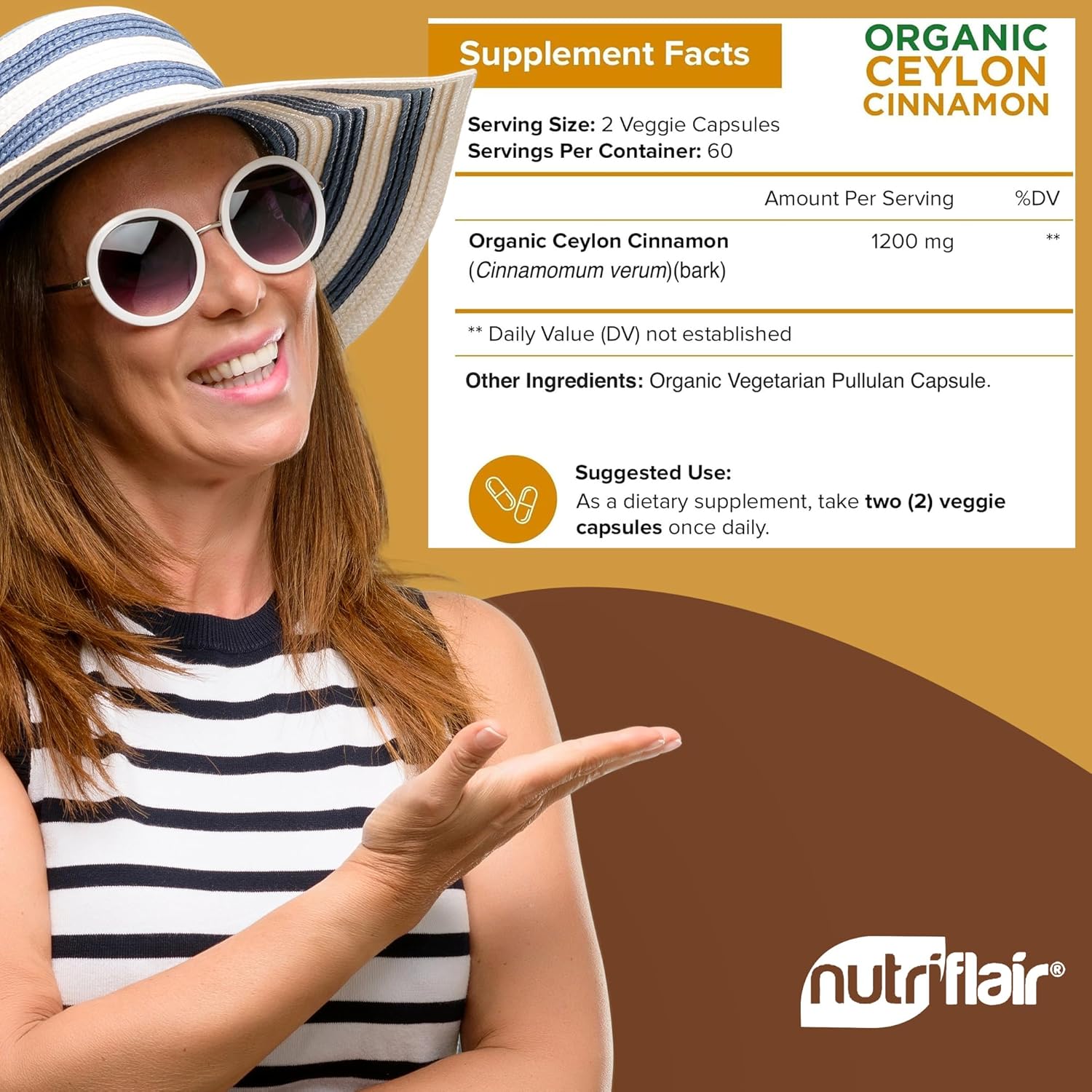 Buy now NutriFlair Organic Ceylon Cinnamon Supplement 1200mg, 120 Capsules - USDA Certified - Non-GMO, Gluten Free Powder, Antioxidant Pills at indiglob india