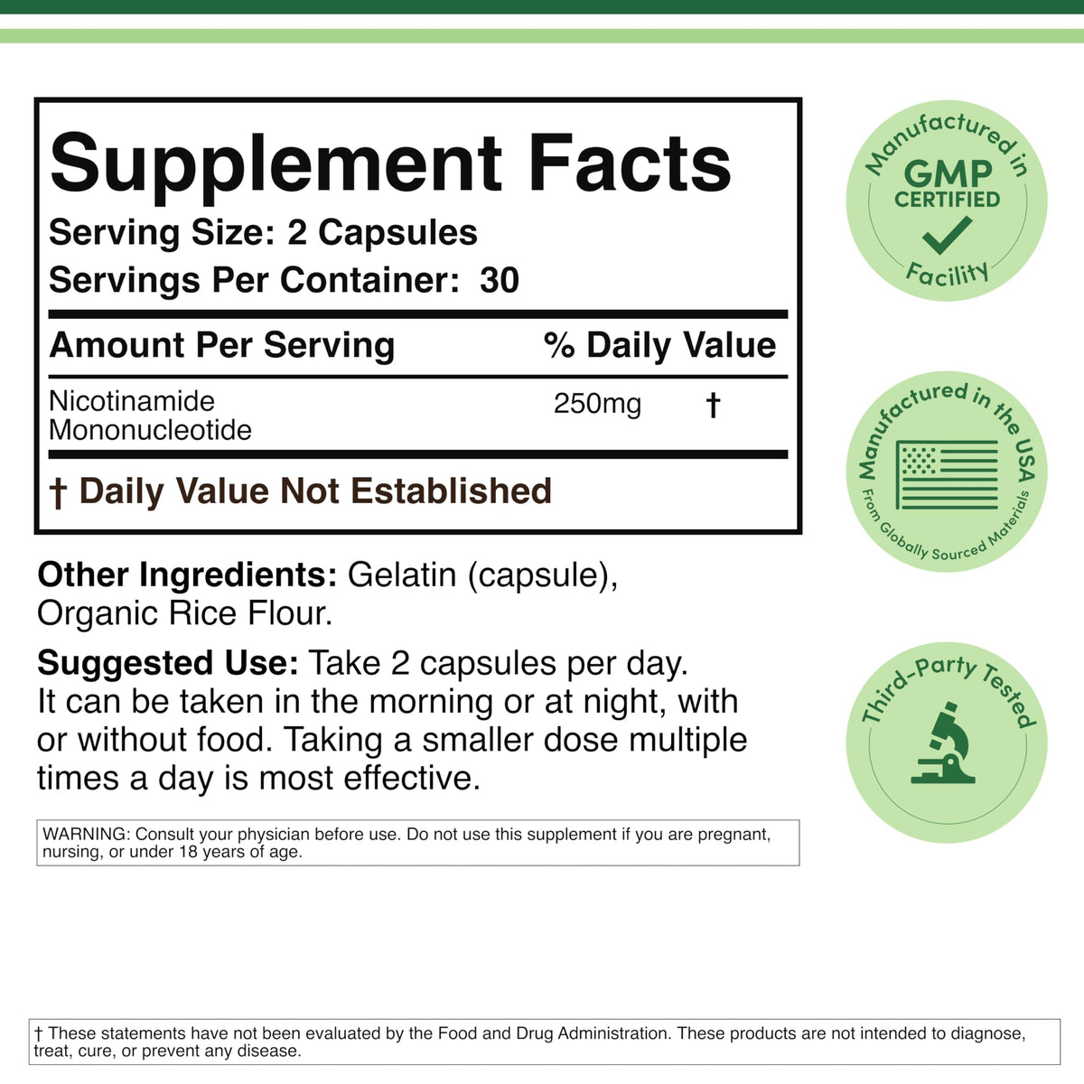 NMN 250mg per Serving, 99% Purity, Cellular Energy & Healthy Aging, 60 Caps