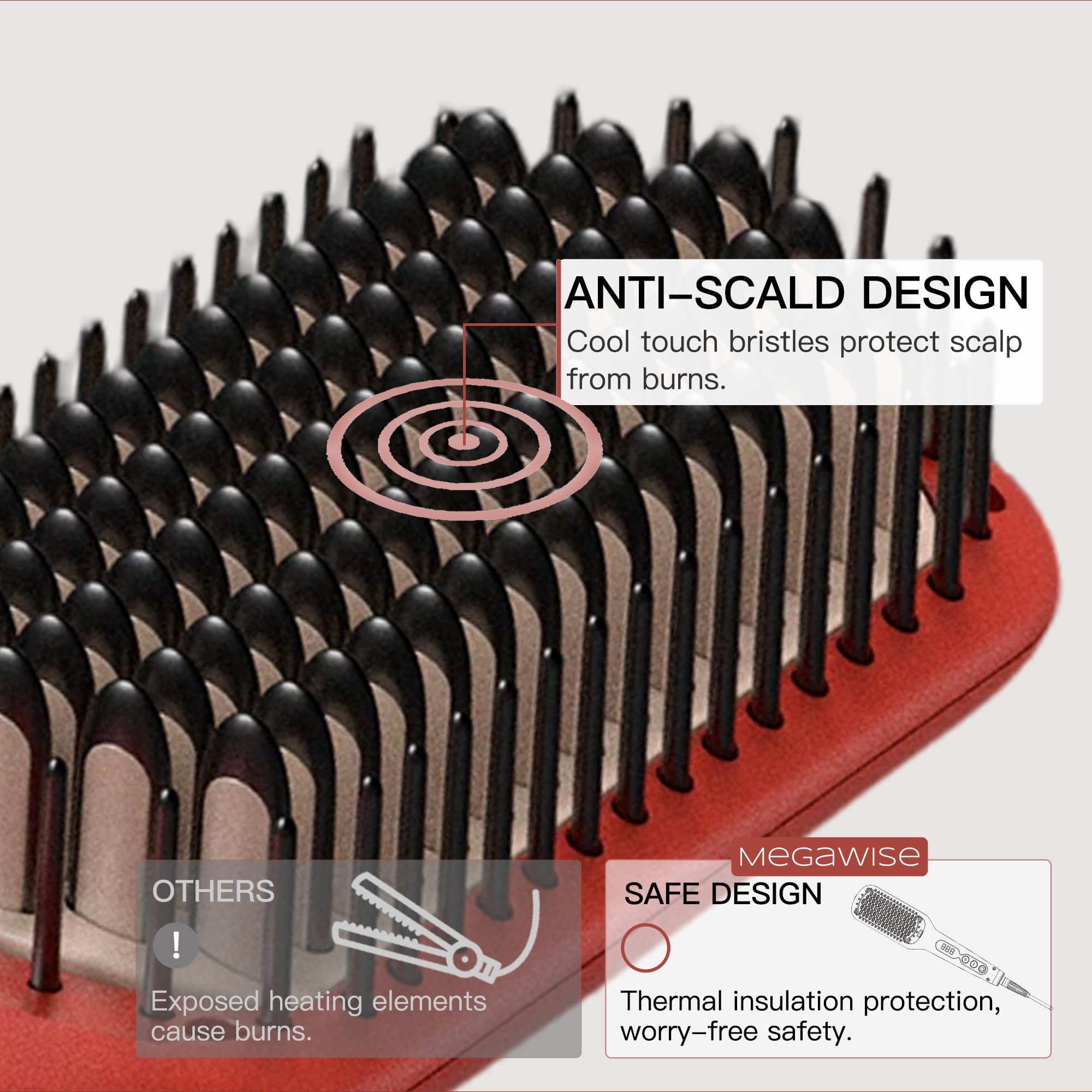 MEGAWISE Hair Straightener Brush Pro, Fast Heating Ceramic Ionic Brush for Smooth Frizz-Free Hair, Safe Anti-Scald Design, Dual Voltage Travel Use (Tomato Red)
