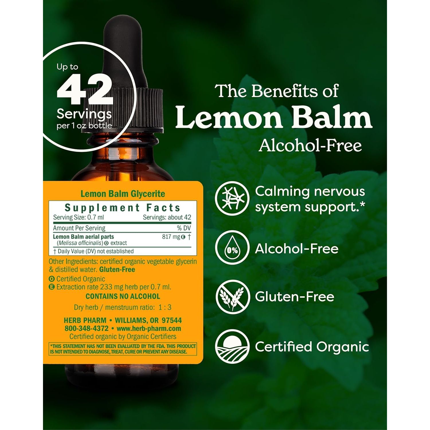 Buy now Herb Pharm Certified Organic Lemon Balm Liquid Extract for Calming Nervous System Support, Alcohol-Free Glycerite, 1 Oz at indiglob india