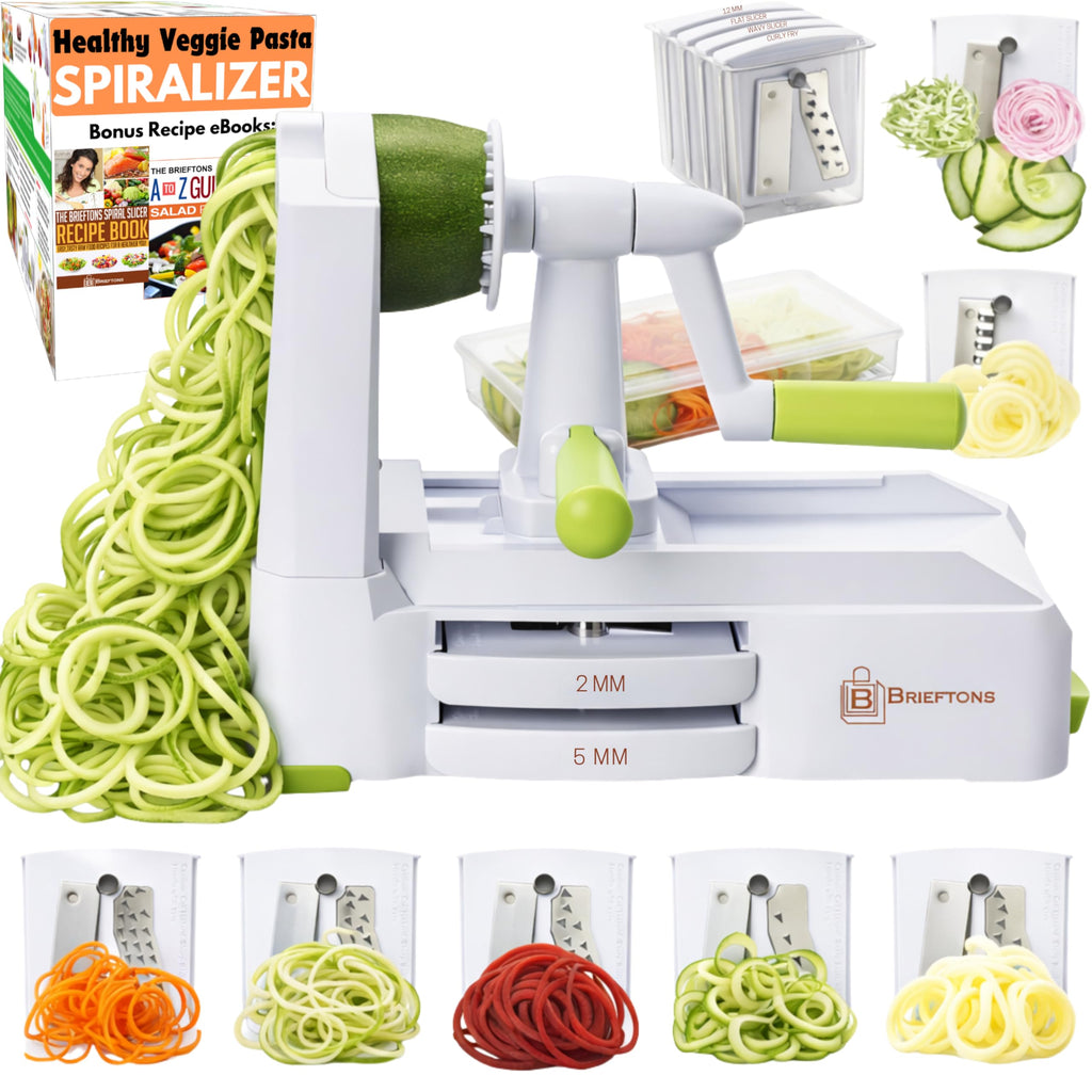 Buy now Brieftons 7-Blade Vegetable Spiralizer: Strongest-Heaviest Spiral Slicer, Best Veggie Pasta Spaghetti Maker for Low Carb/Paleo/Gluten-Free Meals, With Container, Lid, Blade Caddy & 4 Recipe Ebooks White ( 7 Blades ) at indiglob india