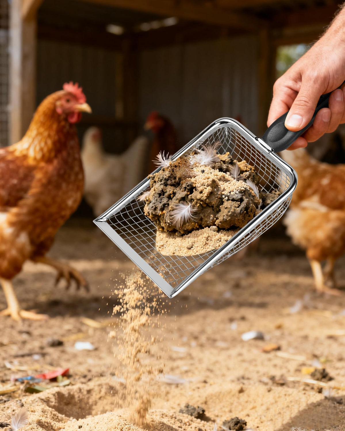Chicken Poop Scooper for Coop,2 Pack Chicken Coop Poop Scoop Shovel with 3.8mm & 5mm Mesh, Metal Chicken Coop Rake and Scoop Tool,Scooper Shovel for Sifting Sand, Litter, Chicken Supplies