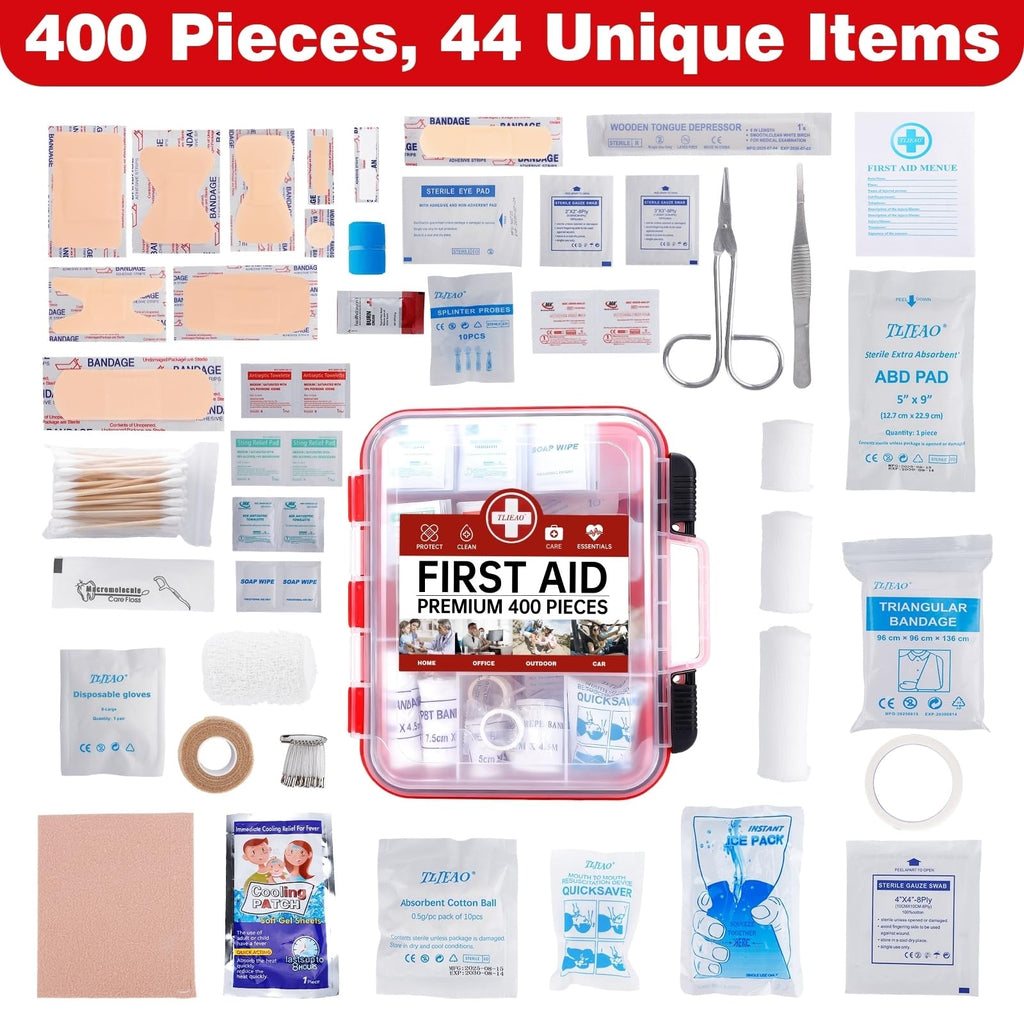 400 Pieces All-Purpose First Aid Kit, Organized Dual-Layer Wall