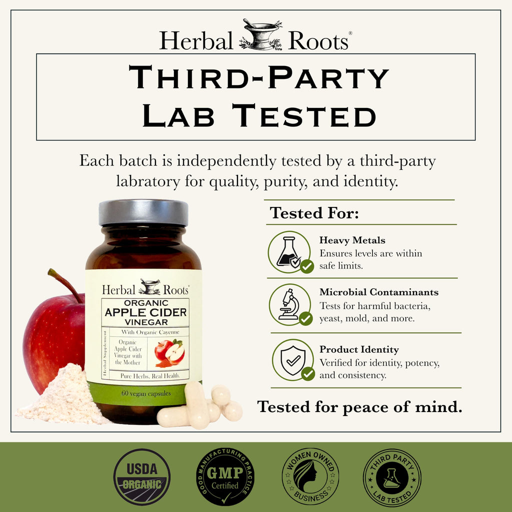 Herbal Roots Organic Apple Cider Vinegar Capsules with Mother - Pure Extra Strength - 60 Vegan Capsules