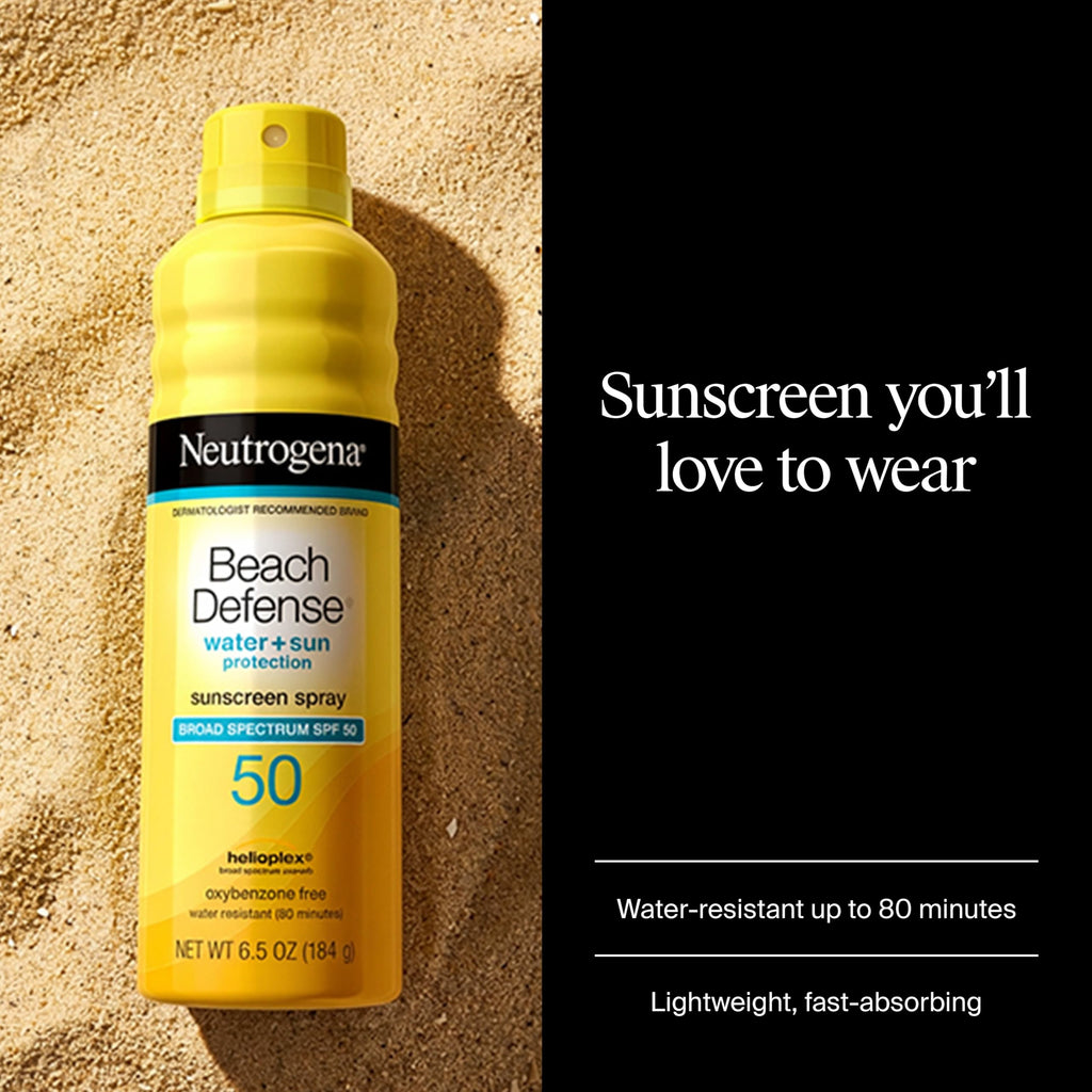 Neutrogena Beach Defense Sunscreen Spray, SPF 50, 6.5 oz | Face & Body, Broad Spectrum for UVA/UVB Protection, Lightweight Sunscreen, Water-Resistant up to 80 Minutes, Beach-Strength