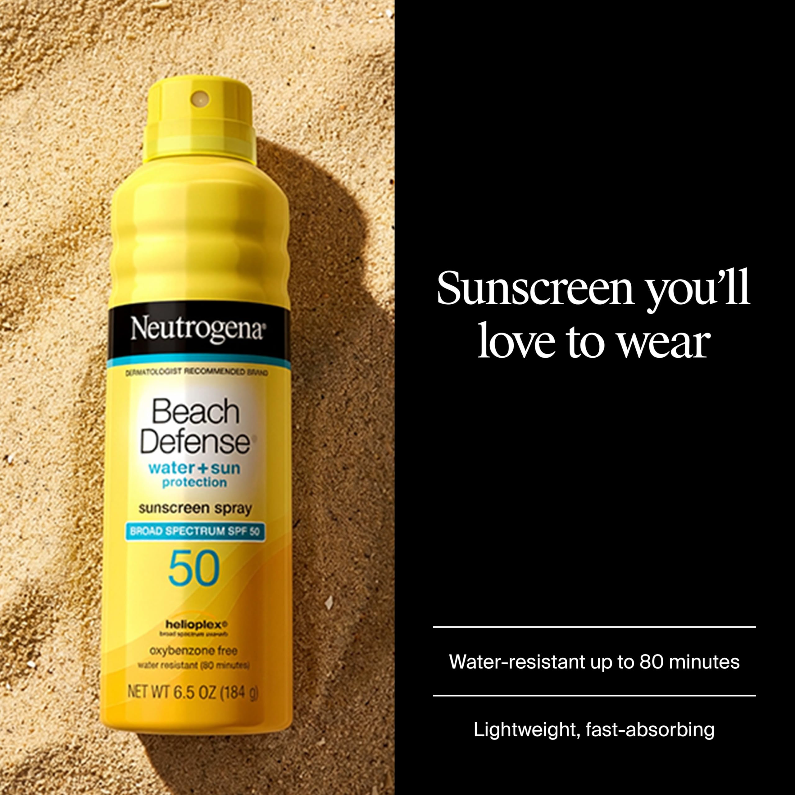 Neutrogena Beach Defense Sunscreen Spray, SPF 50, 6.5 oz | Face & Body, Broad Spectrum for UVA/UVB Protection, Lightweight Sunscreen, Water-Resistant up to 80 Minutes, Beach-Strength