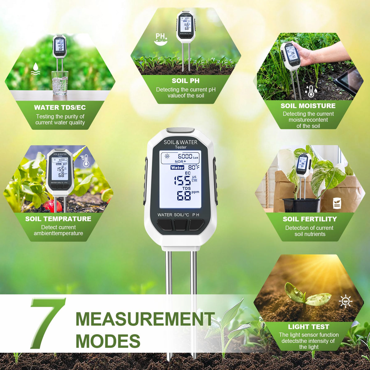 Moisture Meter for Plants,7-in-1 Digital Soil Tester Kit