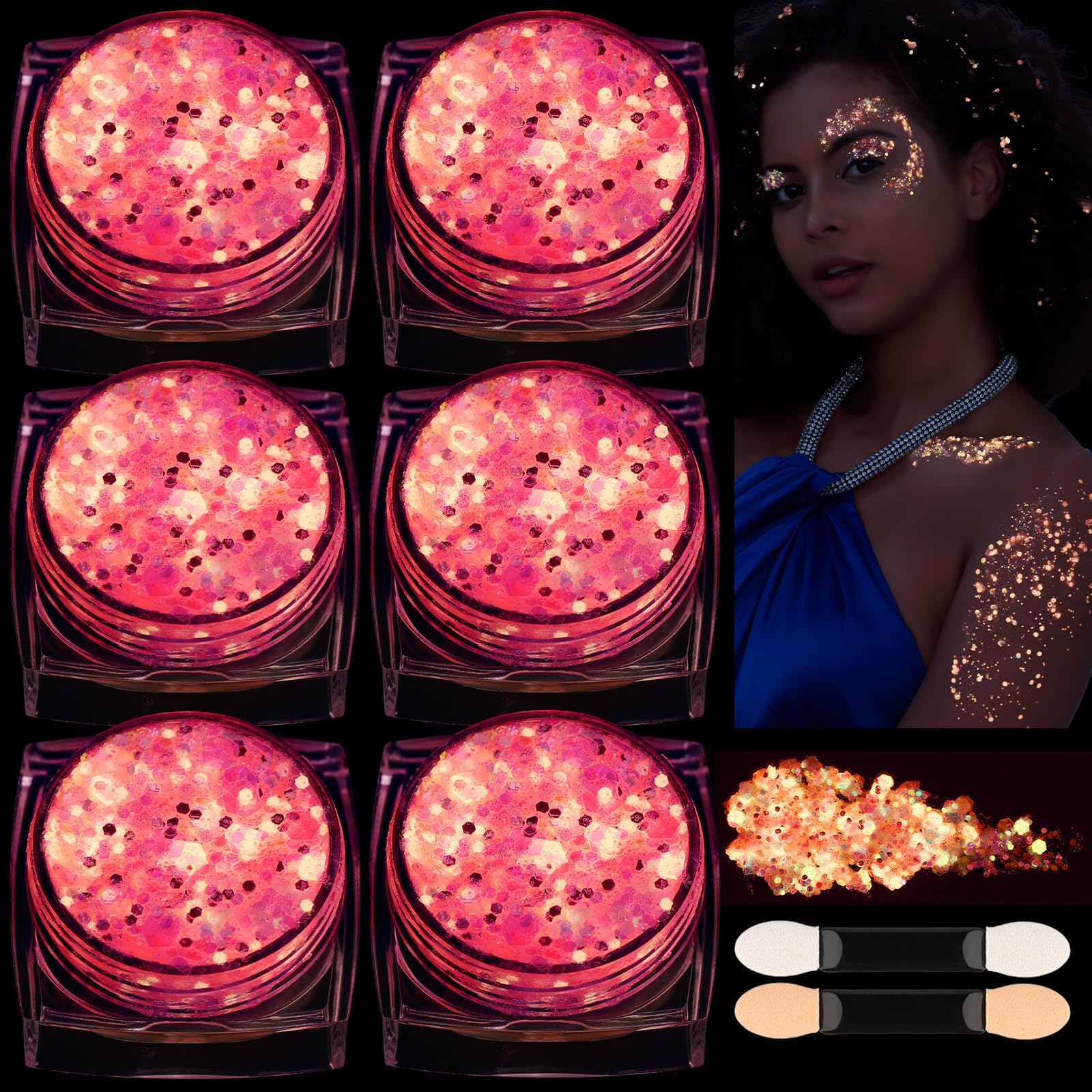 Teenitor 6 Colors Glow in The Dark Glitter Gel, Face Glitter Gel, Body Glitter Hair Glitter for Carnival Makeup UV Black Light Party Cheer Raves Festivals