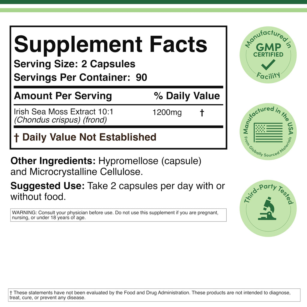Irish Sea Moss 1,200mg, Thyroid, Immune + Gut Support, Iodine, 180 Capsules