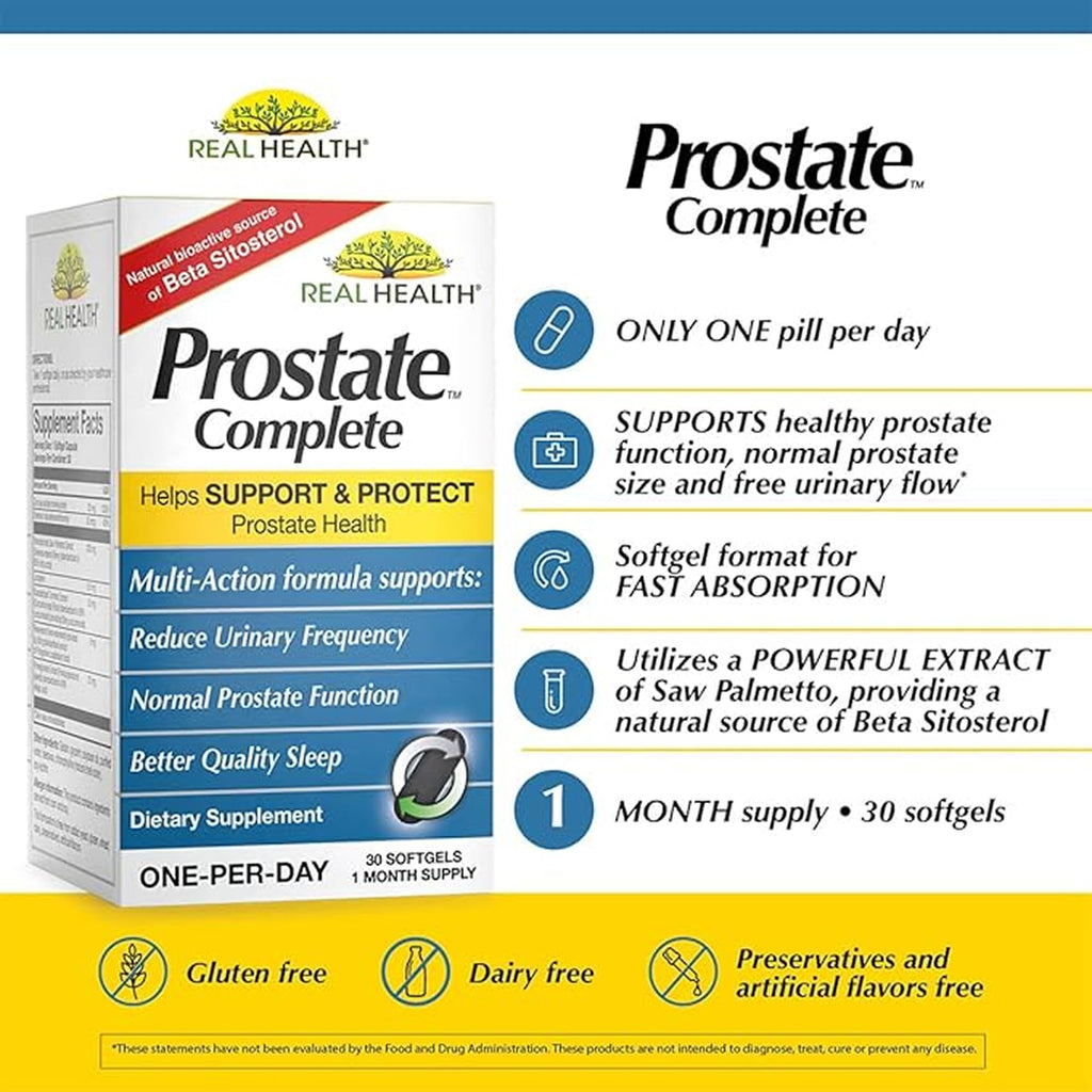 Real Health Prostate Complete, Saw Palmetto Formula - 30 Count (2 Pack) | Prostate Health Supplements for Men, Formula for Healthy Bladder and Urinary Support, with Lycopene, Resveratrol, Selenium
