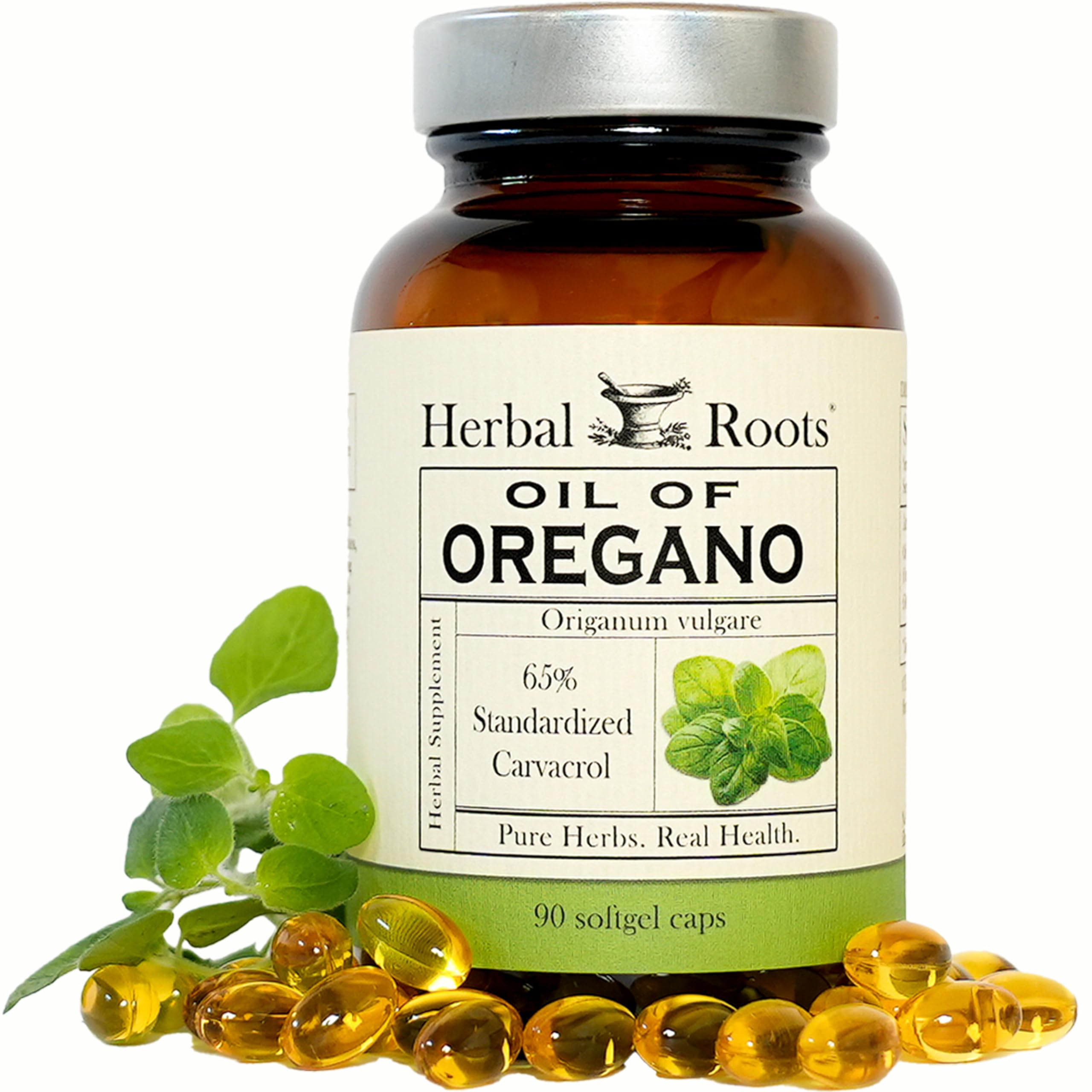 Herbal Roots Oil of Oregano Softgels - 65% Carvacrol - Extra Strength Immune and Gut Health Support - 90 Easy to Swallow Capsules