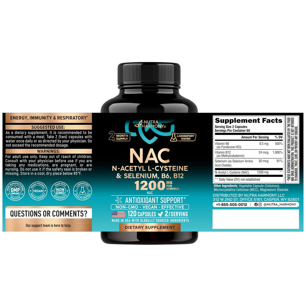 NAC Supplement with Selenium, B6 & B12 - NAC 1200 mg - Lab Tested, 120 Caps | N Acetyl Cysteine 600 mg/caps, 1200 mg/serving - Antioxidant & Immune Support - Non-GMO, Gluten-Free, Vegan - 60-Day Supply