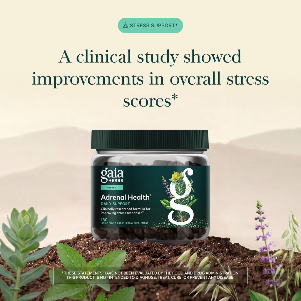 Gaia Herbs Adrenal Health Daily Support - Herbal Supplement with Ashwagandha, Holy Basil & Schisandra - Help Maintain Healthy Energy & Stress Levels* - 180 Vegan Liquid Phyto-Caps (90 Servings)