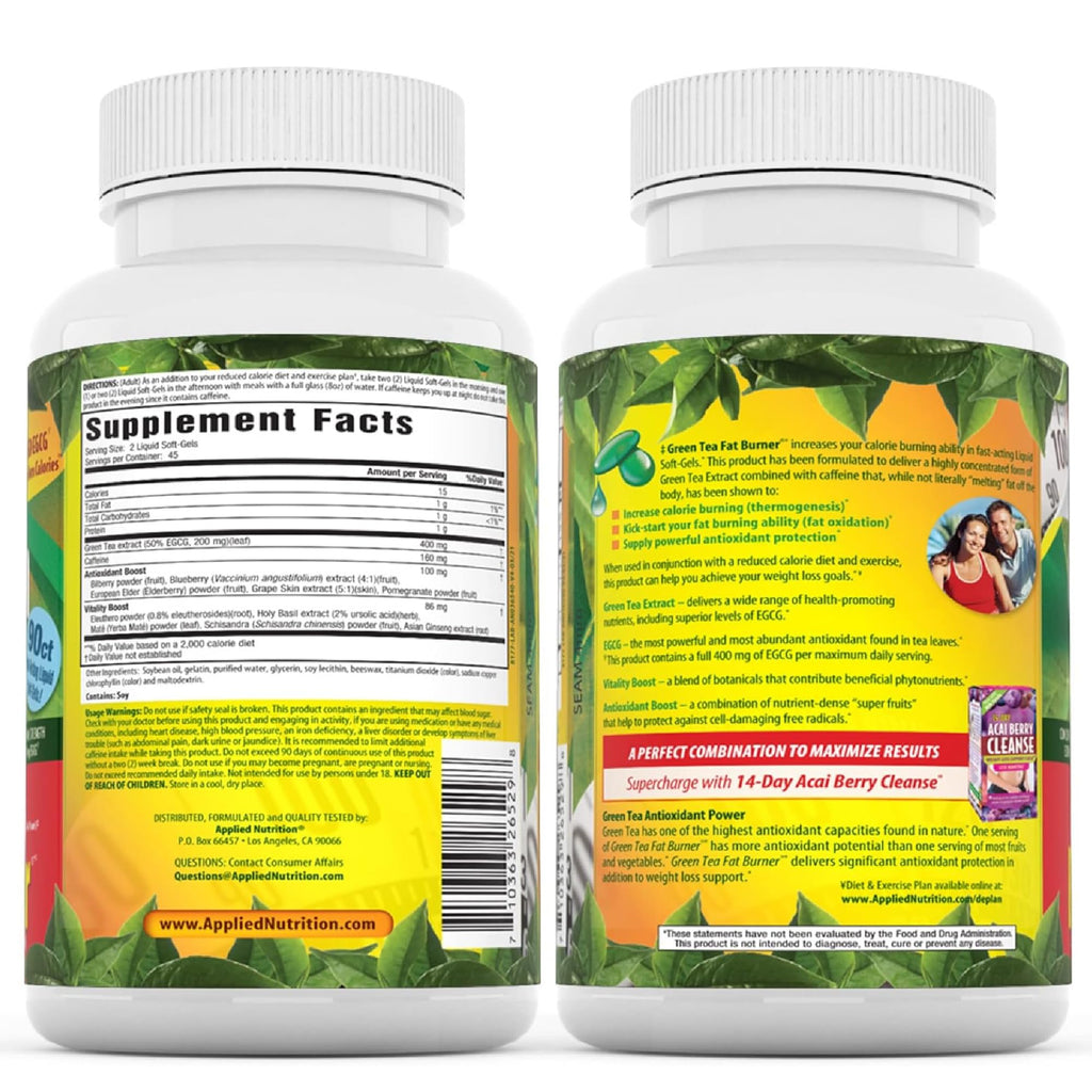 Applied Nutrition Green Tea Fat Burner Weight Loss 90 Softgels (2 Pack) | Green Tea Extract with EGCG + Green Coffee Bean | Supports Calorie Burn Energy & Antioxidant Support | 2X90 Liquid Soft-Gels