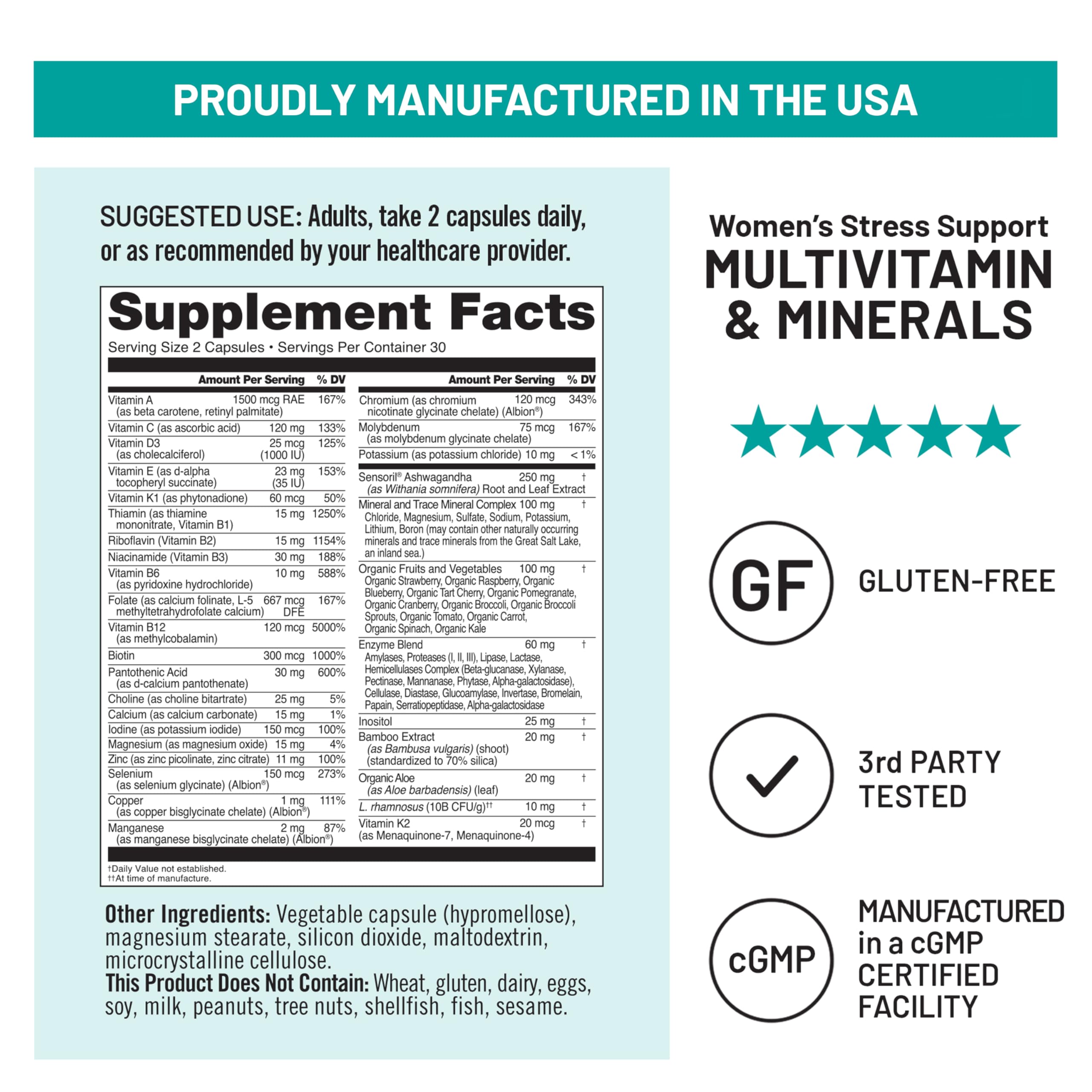 NatureWise Multivitamin for Women + Stress Support with Organic Whole Foods & Natural Minerals - B-Complex + Vitamin C + D3 K2 for Immunity, Hair, Skin & Nails - Non-GMO - 60 Capsules[30-Day Supply]