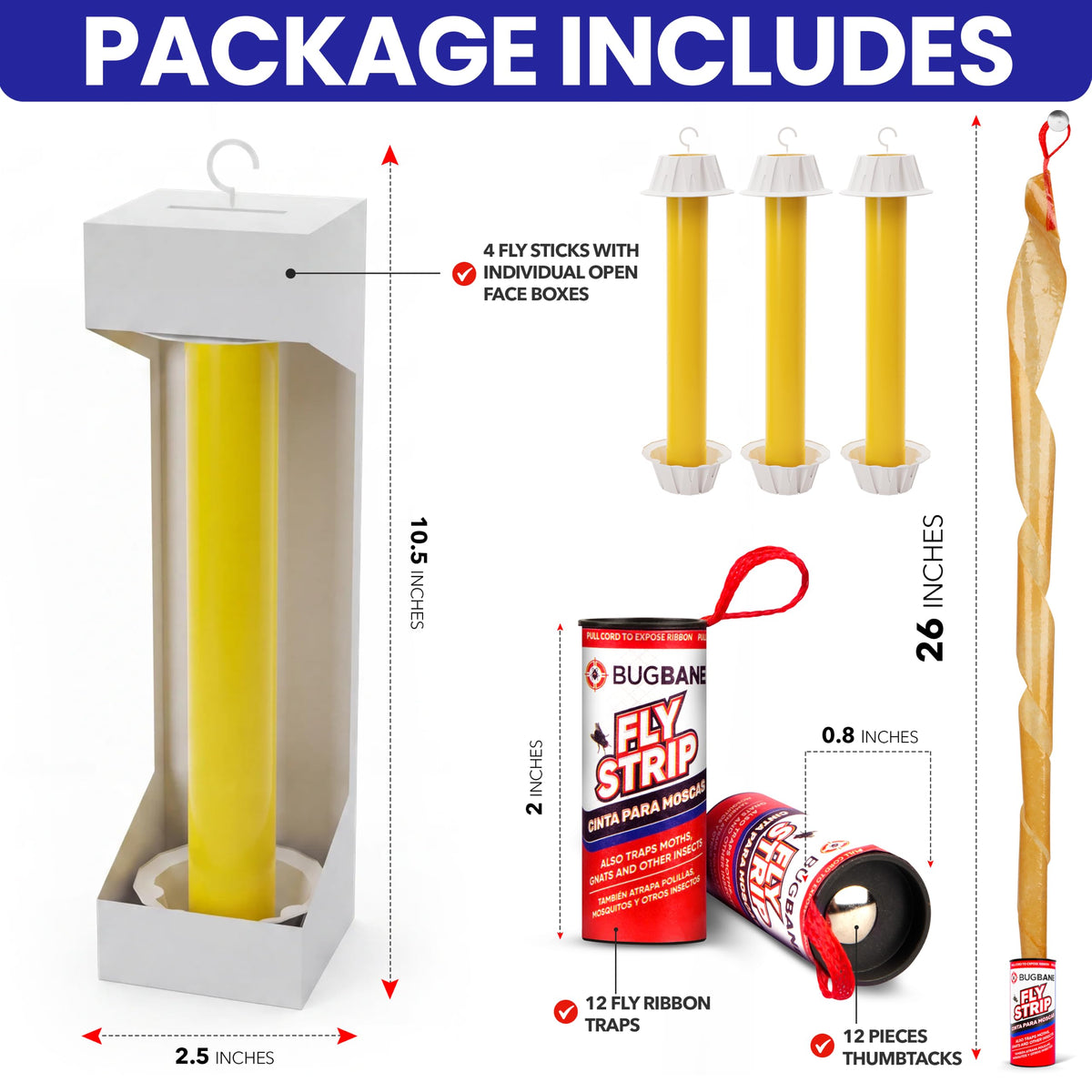 Fly Stick Sticky Fly Traps for Indoors Outdoor 4pk with 12 Ribbons. Non-Toxic Super Sticky Hanging Flies Catcher Paper Tape Strips for Home. Catches all bugs and gnats. Indoor House Flying Insect Trap