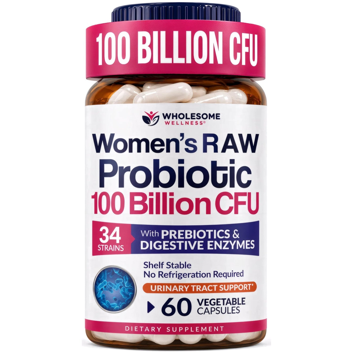 Wholesome Wellness Dr. Formulated Raw Probiotics for Women 100 Billion CFUs Capsules with Prebiotics, Digestive Enzymes, Approved for Adults, Shelf Stable Supplement