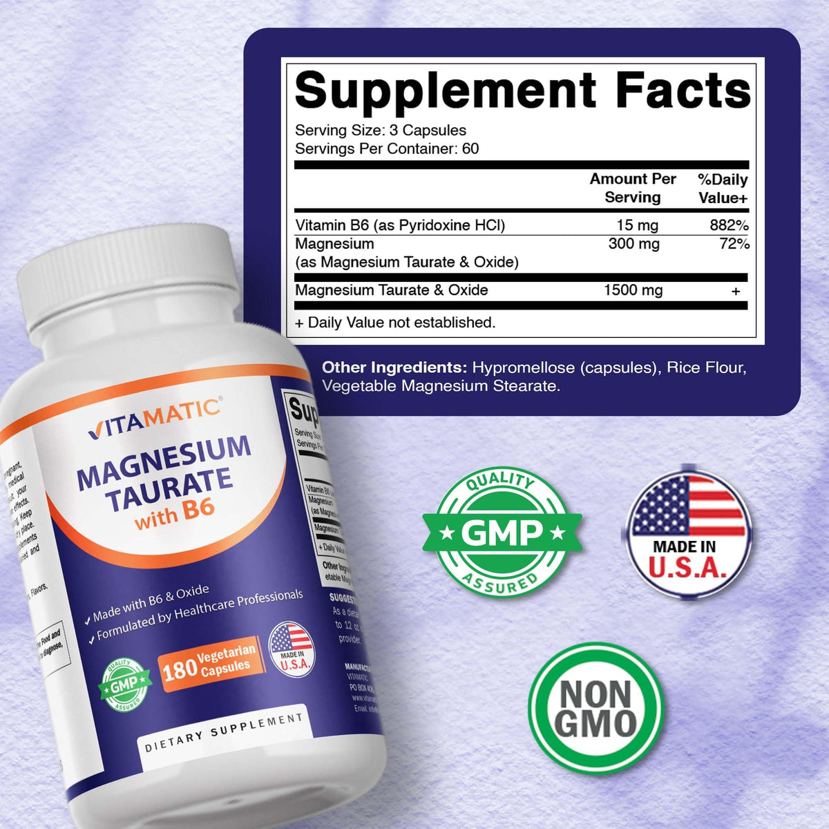 Vitamatic Magnesium Taurate 1500mg per Serving - 180 Vegetarian Capsules (Provides 300 mg of Elemental Magnesium) - Added B6 for Maximum Absorption - Supports Muscle, Joint, and Heart Health*