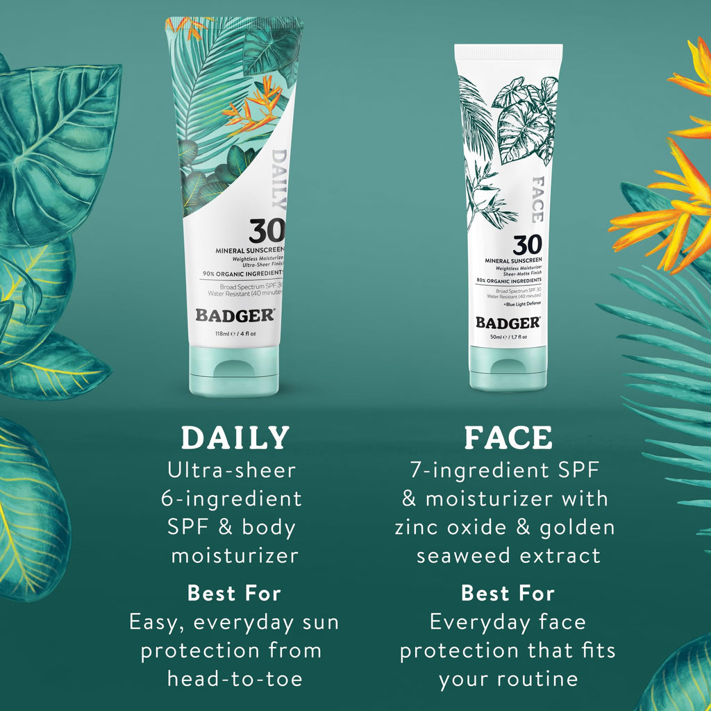 Badger Mineral Daily Sunscreen SPF 30, Zinc Oxide, Organic, 4 oz (2-Pack) | Lightweight, No White Cast, Moisturizing, Organic, Reef Safe, Vegan Unscented, Daily mineral sunscreen, Easy apply sunscreen