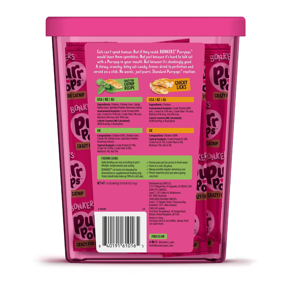 Bonkers Purrpops, Freeze Dried Chicken & Catnip Flavored Cat Treats, 32 Pieces