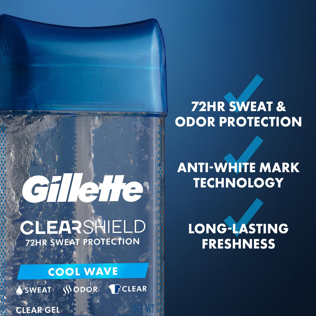 Gillette Antiperspirant and Deodorant for Men, 72hr Sweat & Odor Protection, Long Lasting Freshness, Anti-White Mark Technology, Clear Gel, Cool Wave Scent, 0.5 oz