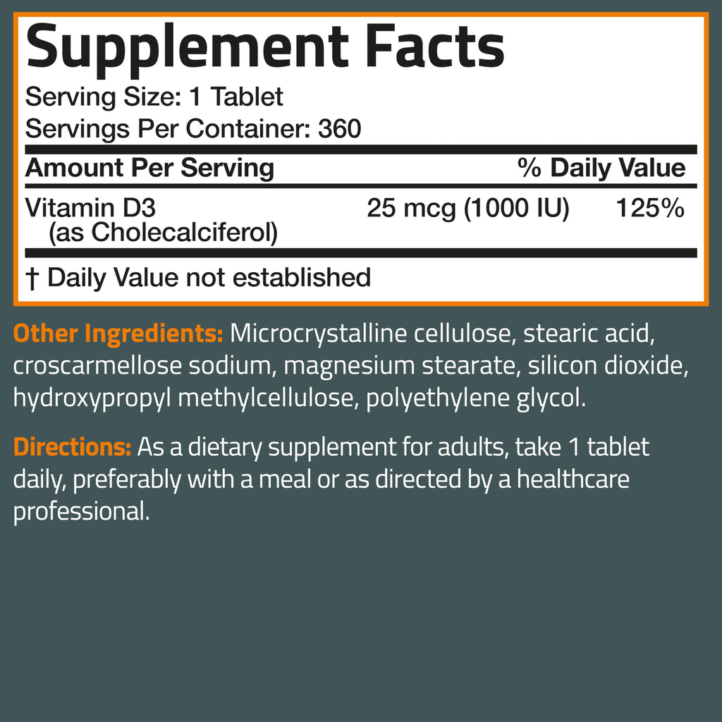 Bronson Vitamin D3 1000 IU (25mcg) Low Dose Vitamin D, 360 Tablets