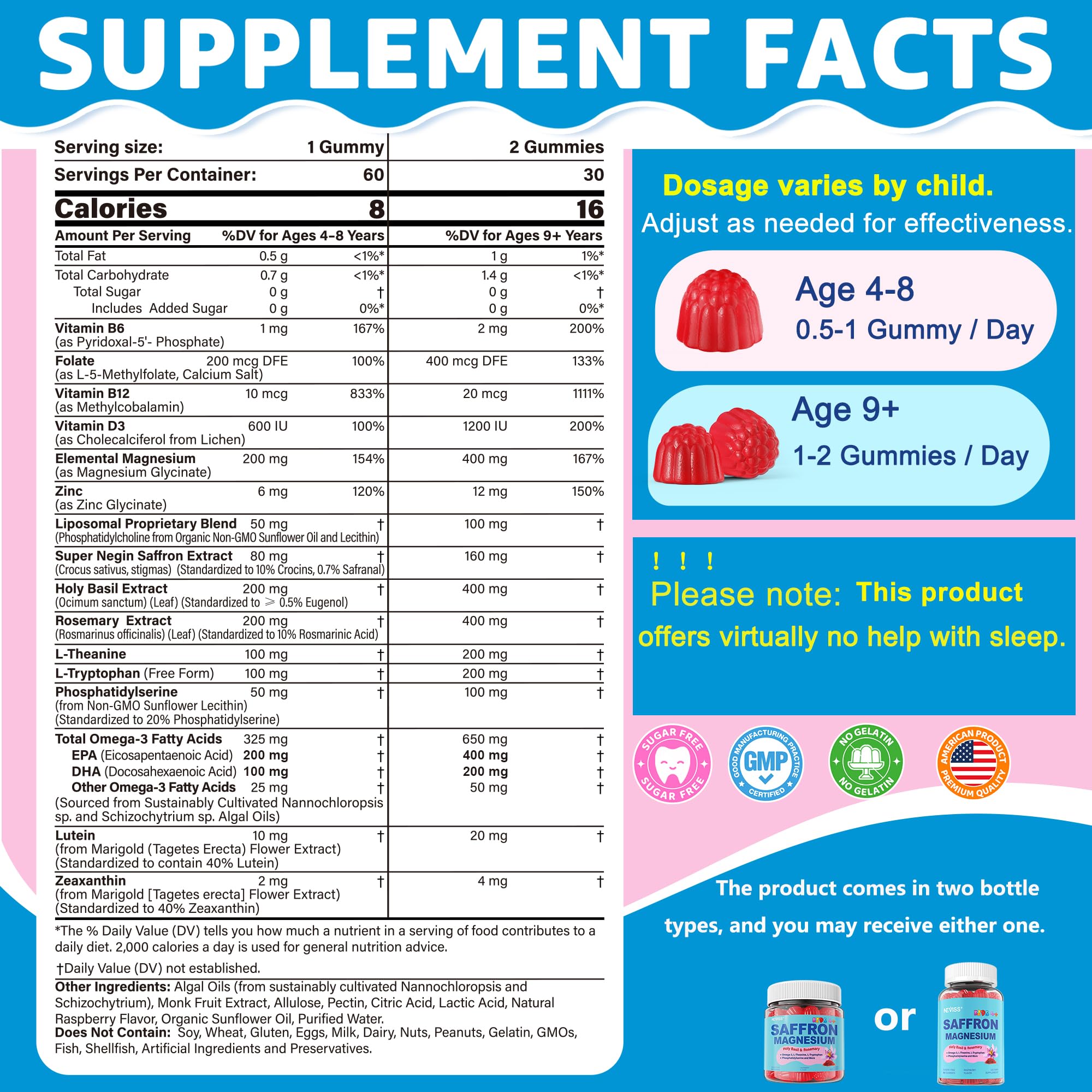 Saffron + Magnesium Glycinate+ Omega-3 - Calm Focus Gummies for Kids 4+, Saffron Extract Supplement w/L-Theanine, Holy Basil, Rosemary, B6, B9,B12, D3 for Happy Mood, Cognition, Nerve, Sugar Free