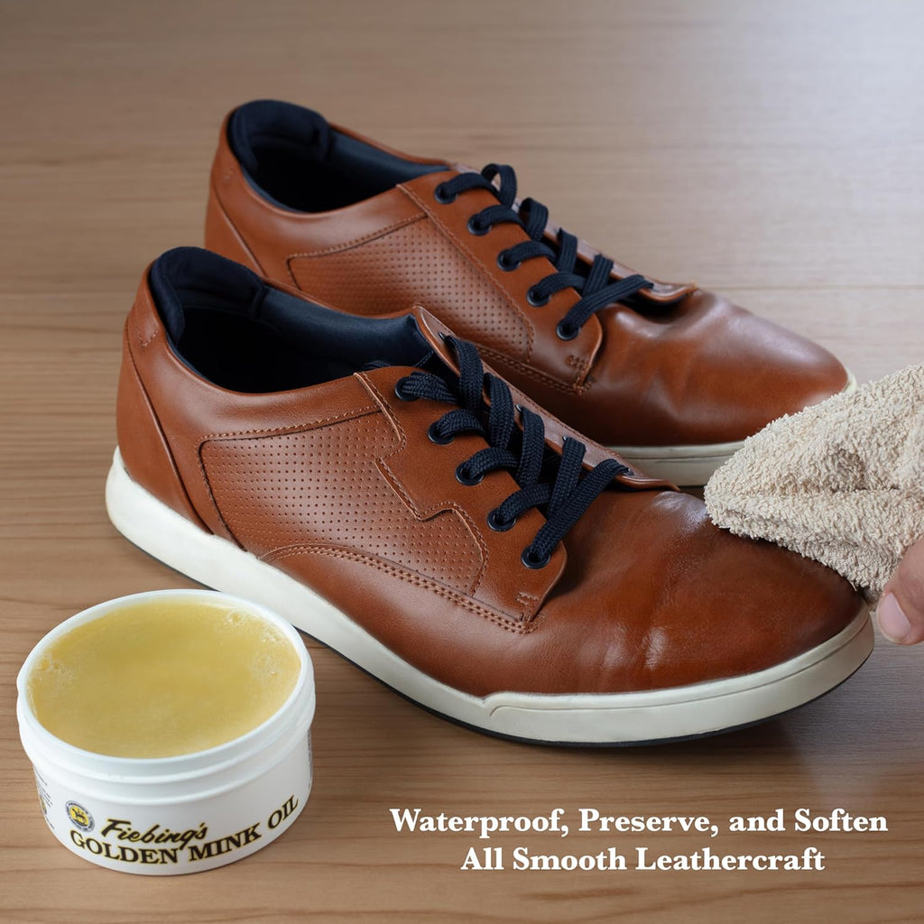 Buy now Fiebing's Golden Mink Oil for Leather Boots (6 oz) - Leather Cleaner & Conditioner - Waterproof, Preserve, Soften All Smooth Leathercraft & Vinyl - Prevents Salt Stains - Use On Couch, Shoe, Purse at indiglob india