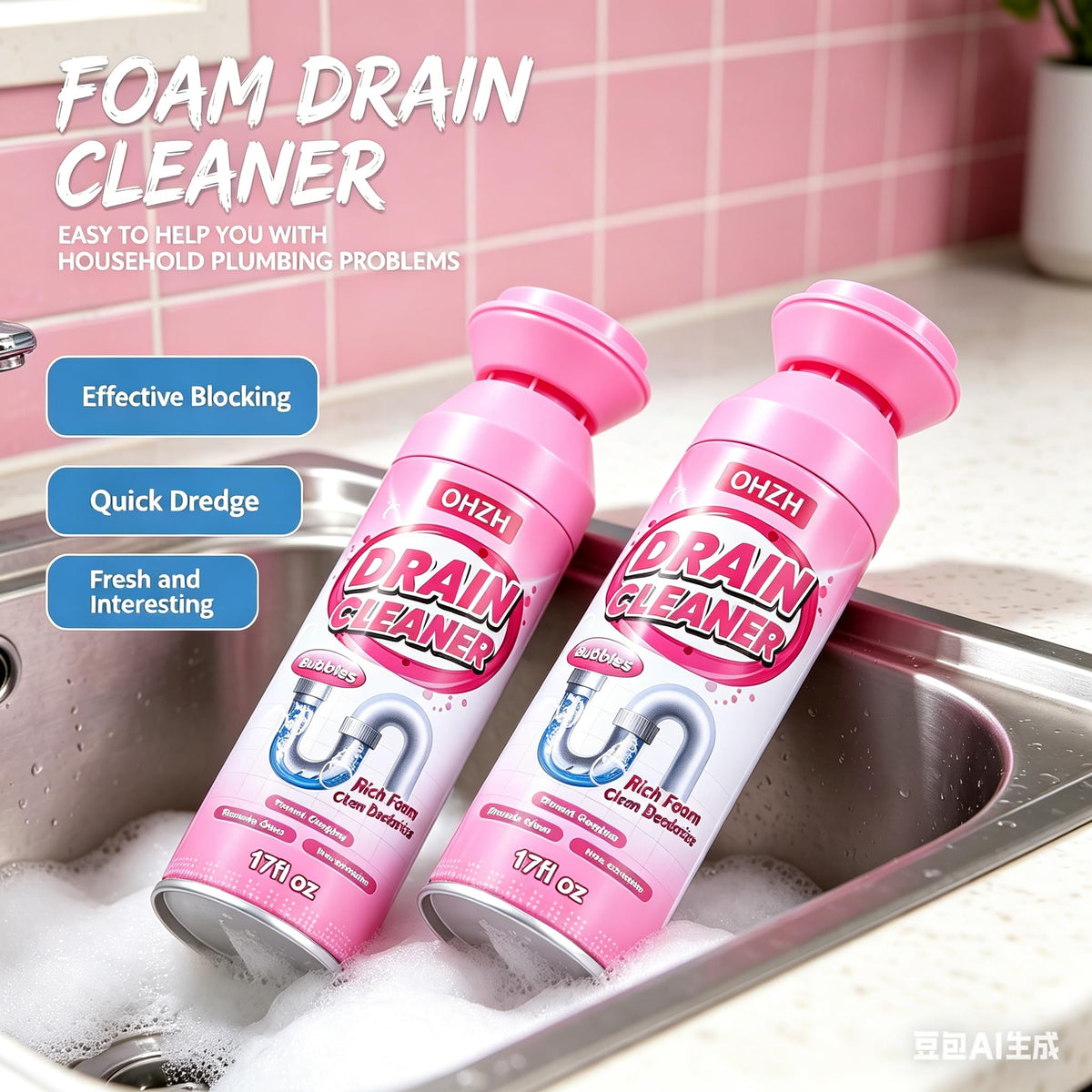 Foaming Drain Cleaner,Drain Clog Remover–Sink Cleaner and Deodorizer & Eliminates Odors, Fast Clog Removal, Safe Sink Cleaner and Deodorizer for Kitchen Sinks Bathroom Drains Tubs Showers
