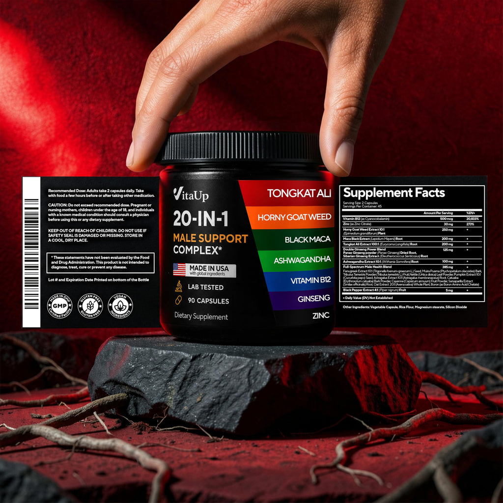 Men Supplements 20 in 1 - Male Supplements with Tongkat Ali, Black Maca Root for Men, Zinc, Vitamin B12, Astragalus for Normal Energy Support - 90 Vegan Caps