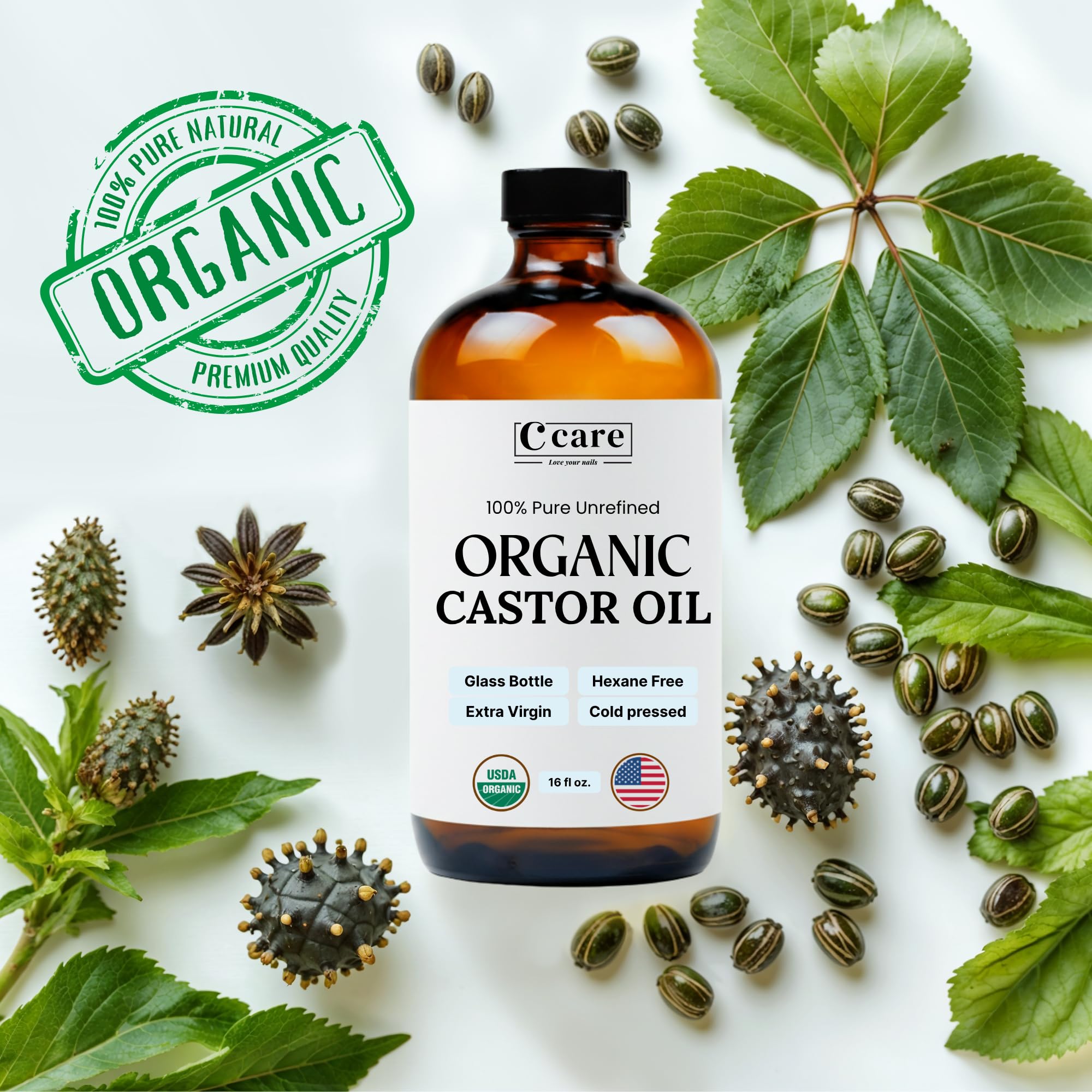 C CARE Castor Oil 100% Pure Organic Cold Pressed Unrefined Glass Bottle | USDA Certified Organic | Hexane Free Extra Virgin | For Hair Growth Eyebrows Eyelashes Skin and Castor Oil Pack Wrap | 16oz
