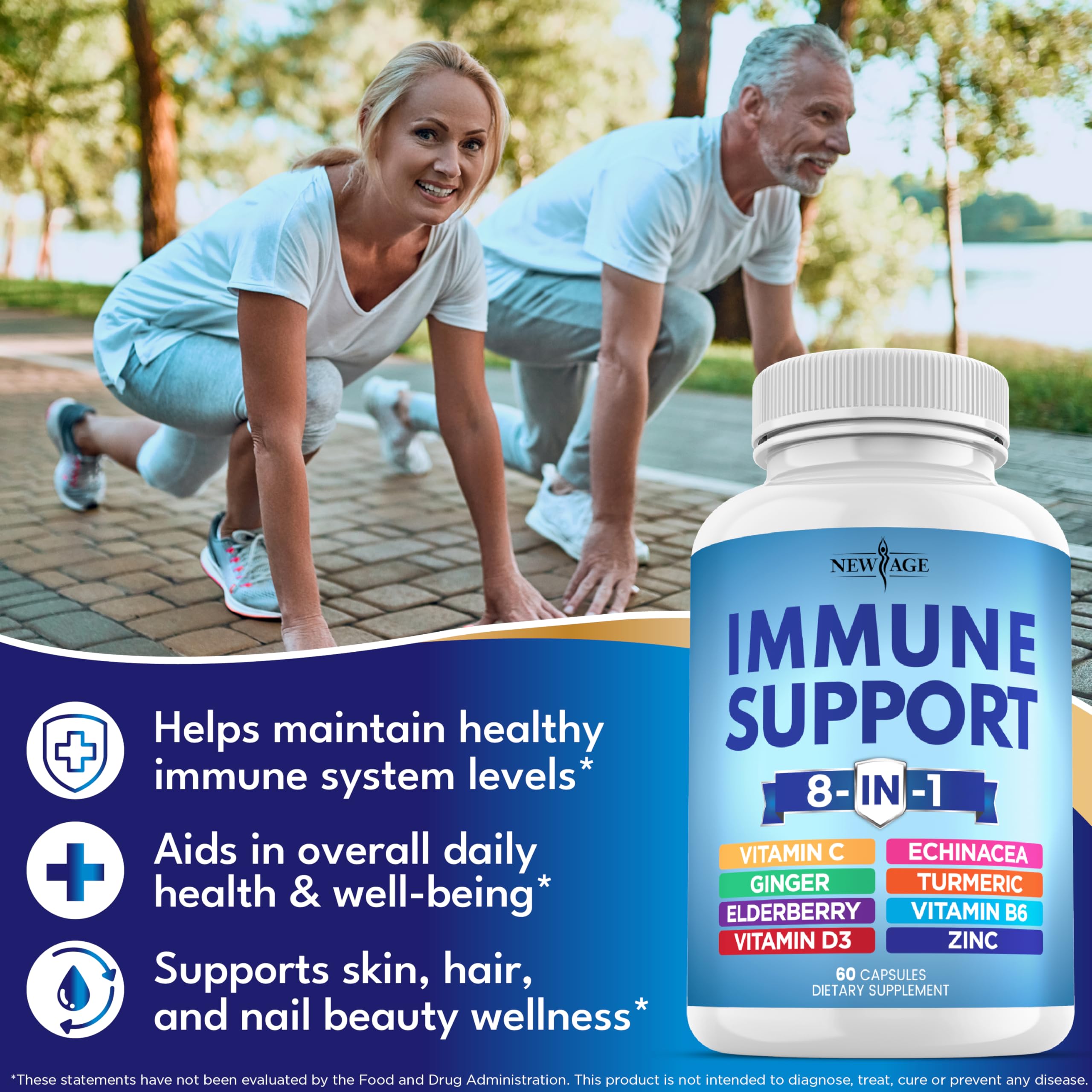 8 in 1 Immune Support Booster Supplement with Echinacea, Vitamin C and Zinc 50mg, Vitamin D 5000 IU, Turmeric Curcumin & Ginger, B6, Elderberry (8 in 1 Capsules (Pack of 3))