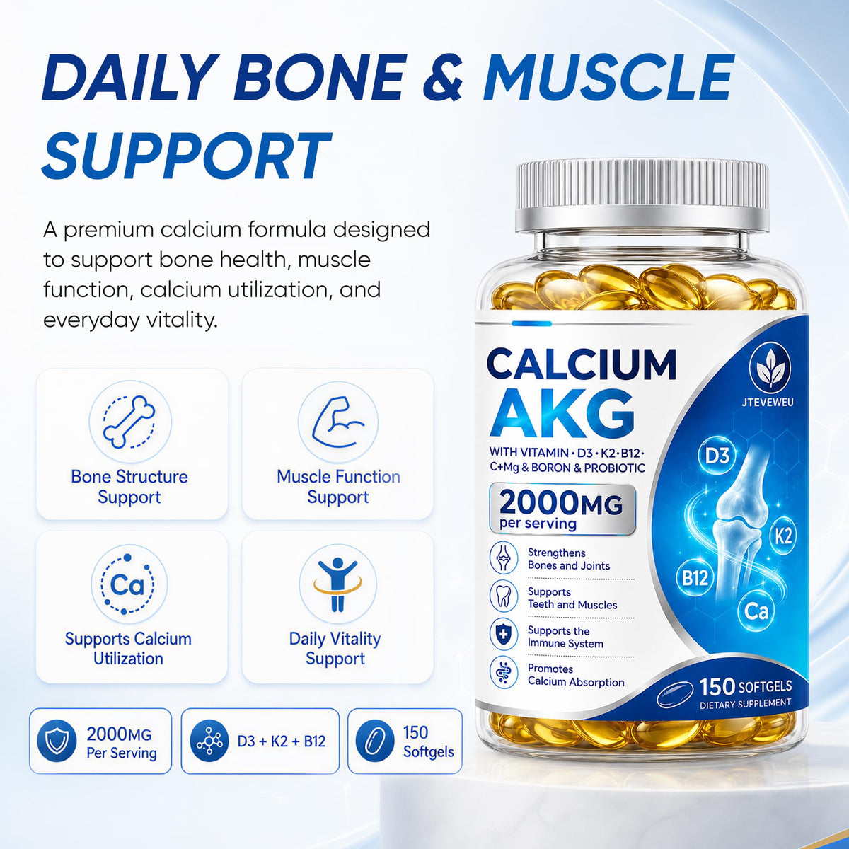 Calcium AKG Supplement 2000mg - 150 Softgels with Vitamin D3 & K2 Softgels for Women & Men │ High Absorption│Calcium Supplements with Magnesium Glycinate, Boron, Probiotics & Vitamin C for Bone1