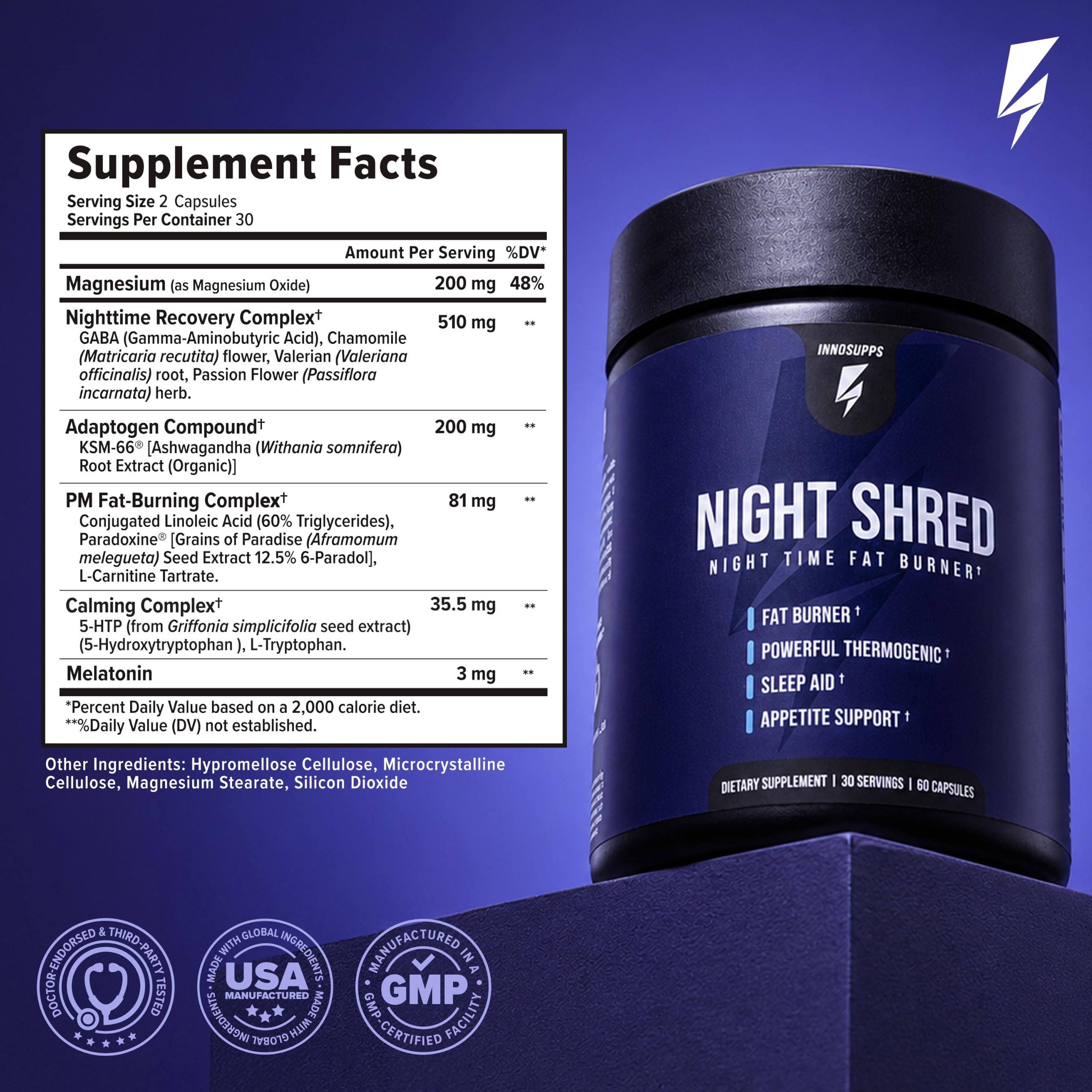 Night Shred Night Time Fat Burner & Natural Sleep Support, 30 Servings | Ashwagandha, 5-HTP, CLA & Melatonin; Appetite suppressant; Supports sleep & fat burning; 60 vegetarian capsules