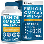 PrimeMD 4-in-1 Fish Oil Omega-3 with D3 K2 CoQ10, Lemon, 120 Softgels | Heart, Brain and Joint Support, Omega 3 with Vitamin D3, K2 and CoQ10, Lemon Flavored Softgels, Fish Oil Supplement