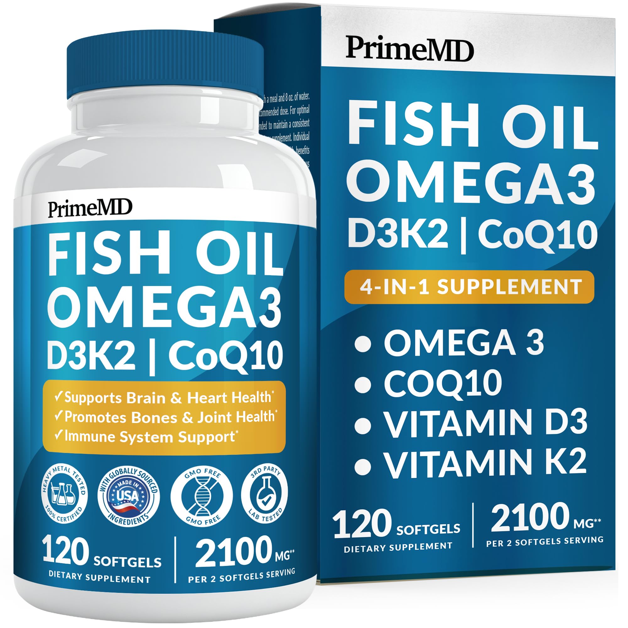 PrimeMD 4-in-1 Fish Oil Omega-3 with D3 K2 CoQ10, Lemon, 120 Softgels | Heart, Brain and Joint Support, Omega 3 with Vitamin D3, K2 and CoQ10, Lemon Flavored Softgels, Fish Oil Supplement
