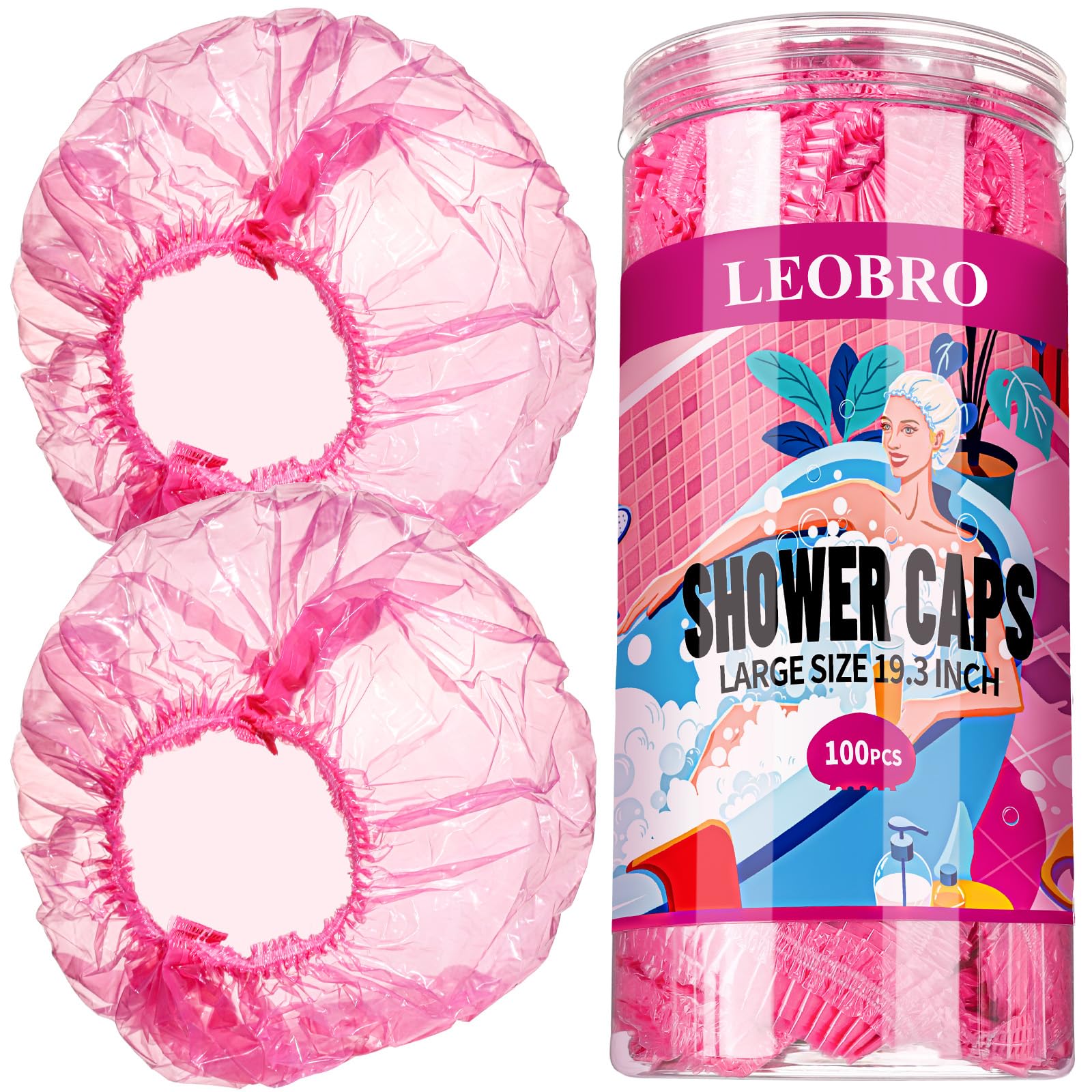 LEOBRO 100PCS Disposable Shower Caps, Shower Caps for Women Disposable, Clear Plastic Shower Cap, Plastic Hair Caps for Hair Treatment, Regular Size 17.3 INCH