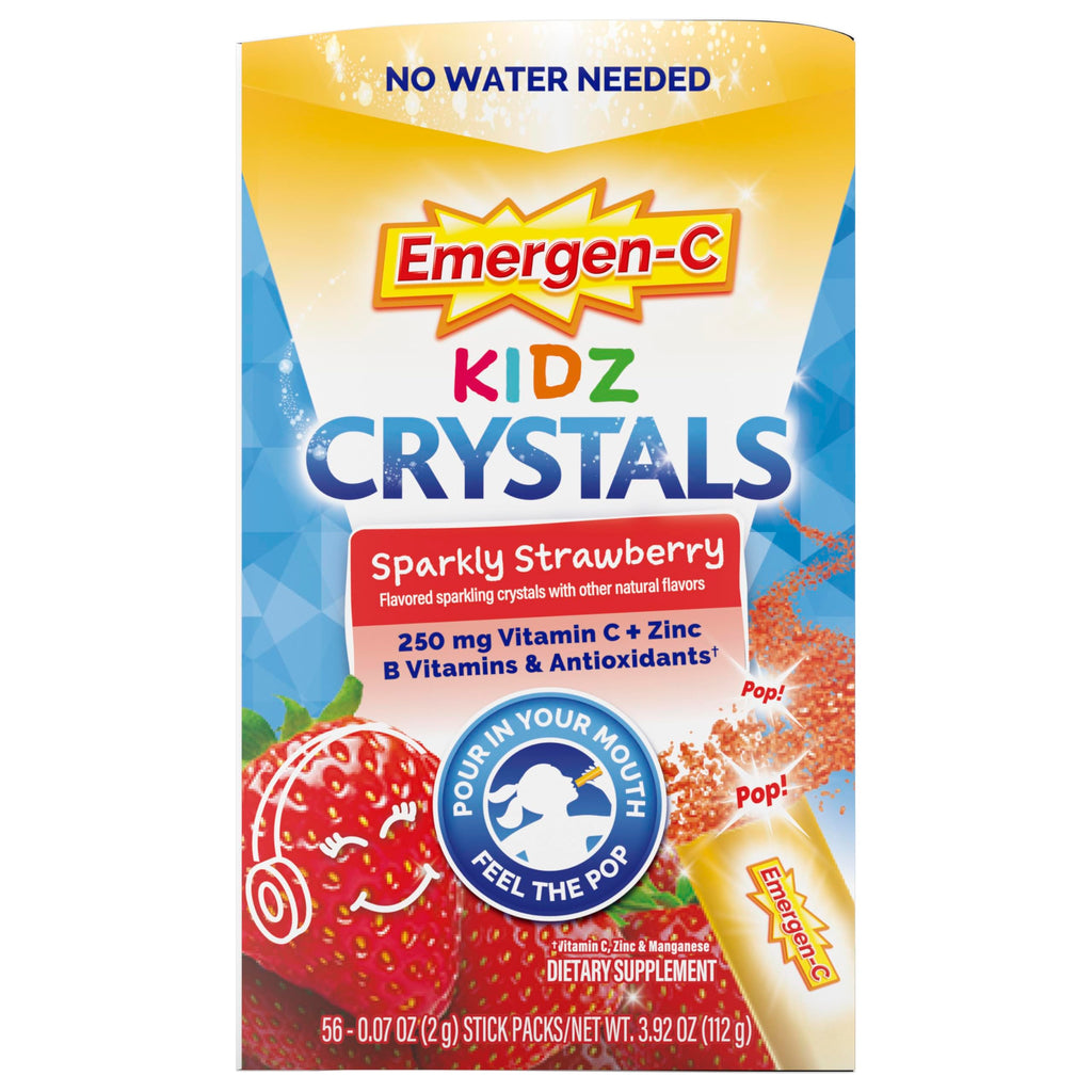 Emergen-C Kidz Vitamin C 250mg Crystals, Strawberry, 56 Packets | No Water Needed, B Vitamins for Energy, Zinc and Manganese, Easy Pouch Format, Kids Crystals
