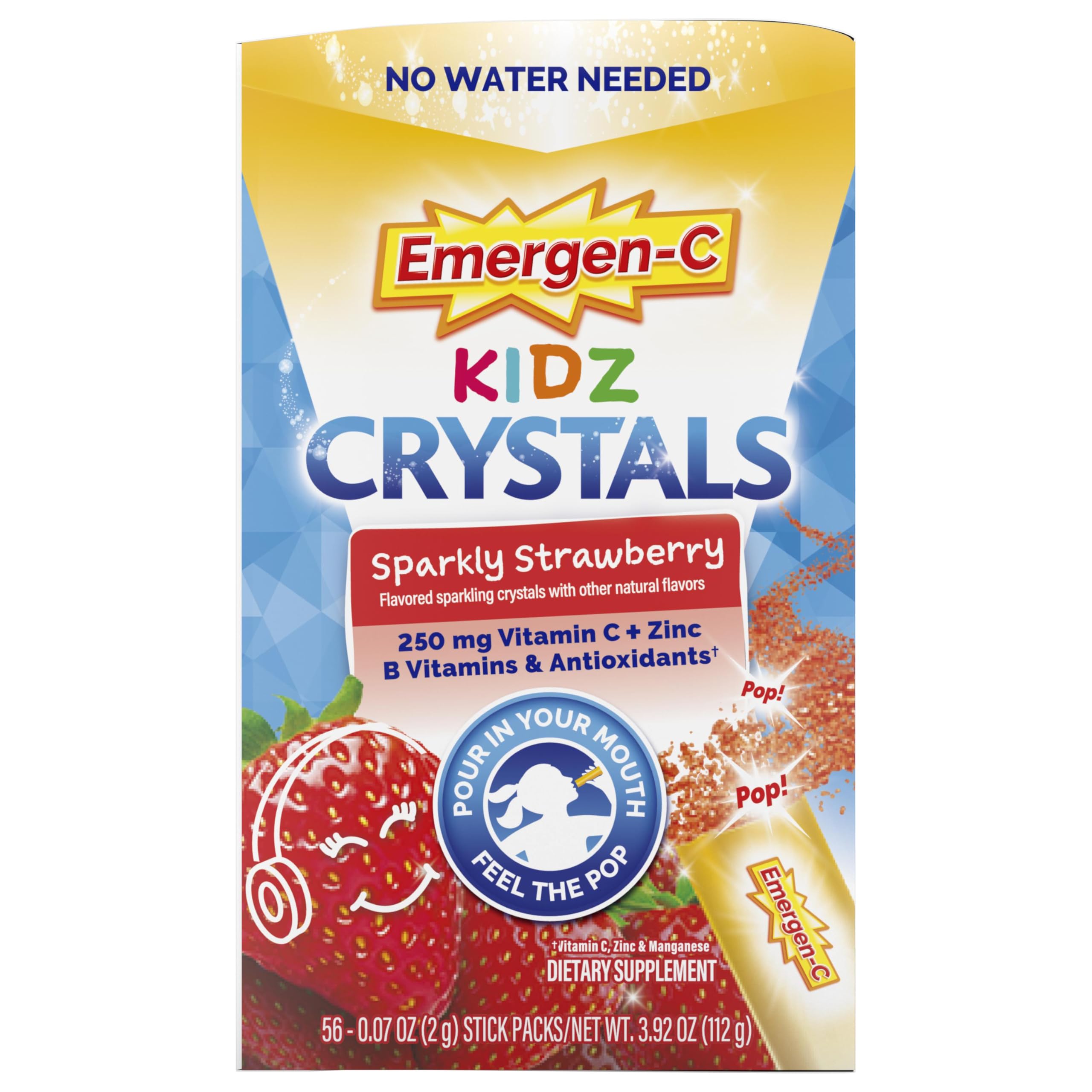 Emergen-C Kidz Vitamin C 250mg Crystals, Strawberry, 56 Packets | No Water Needed, B Vitamins for Energy, Zinc and Manganese, Easy Pouch Format, Kids Crystals