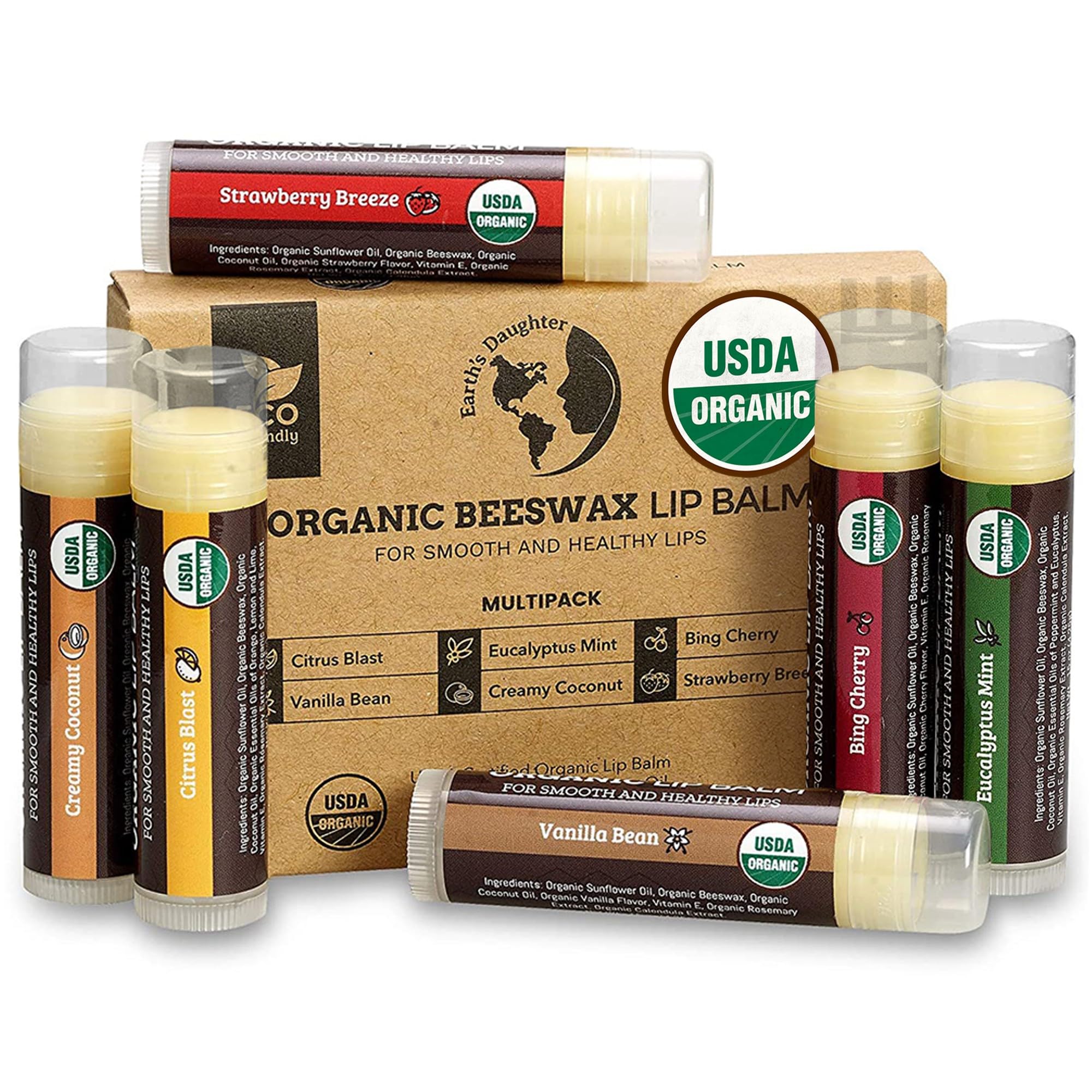 Buy now Earth's Daughter USDA Organic Lip Balm 6-Pack - Fruit Flavors, Beeswax, Coconut Oil, Vitamin E - Best Lip Repair Chapstick for Dry Cracked Lips - Moisturizing Lip Care at indiglob india