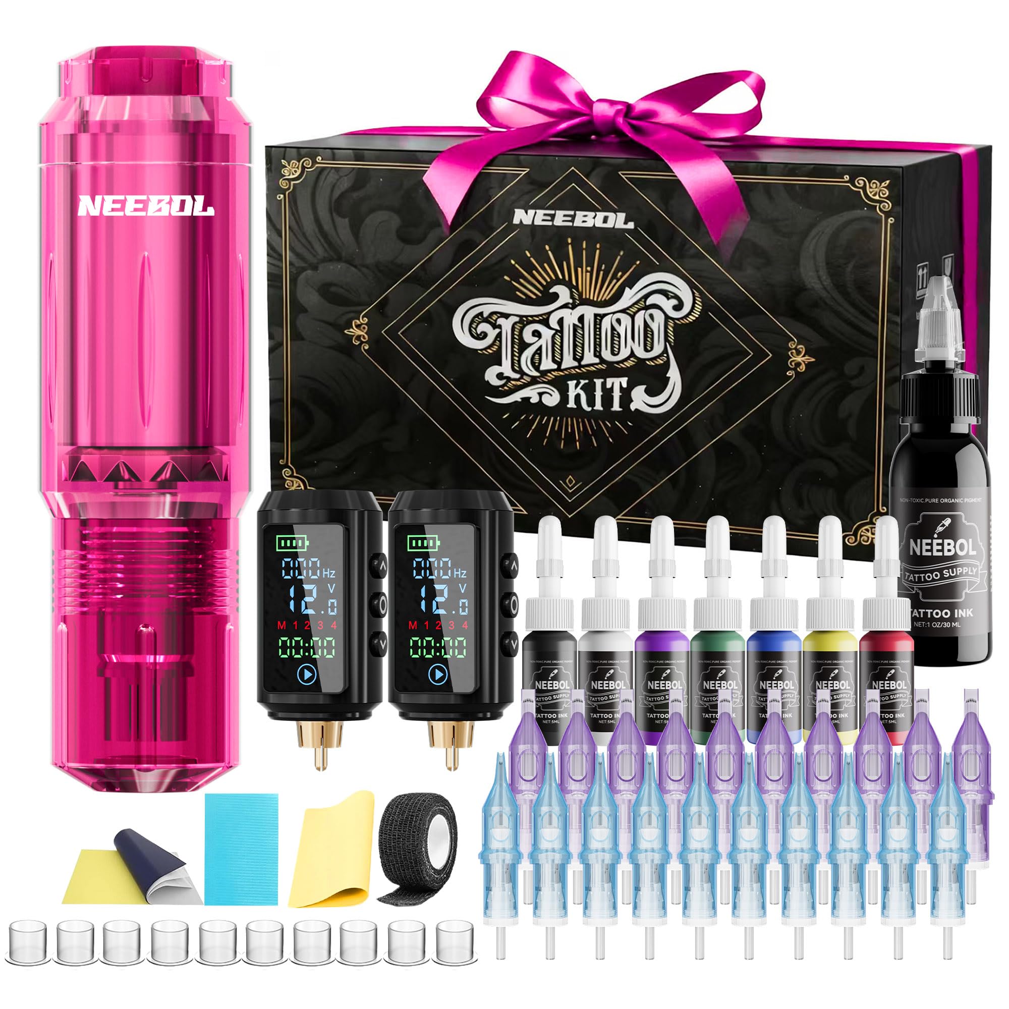 Neebol Wirless Tattoo Gun Kit, 2PCS Batteries Set for Beginners & Artists | Pink dual 1600mAh Tattoo Machine kit 20 Cartridge Needles & 8 Color Inks, Full Tattoo Supplies for Home & Studio practice