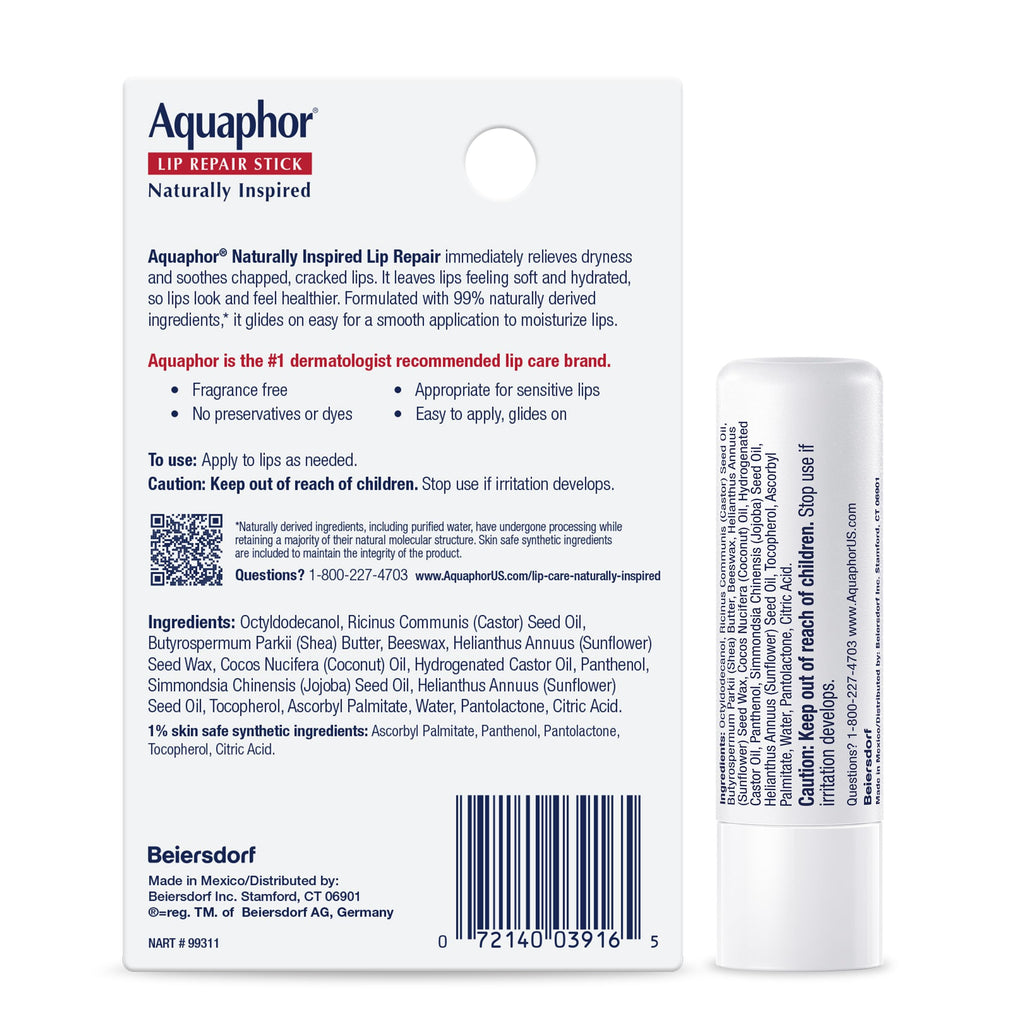 Aquaphor Naturally Inspired Lip Repair Stick with Coconut Oil, 0.17 OZ | Coconut Oil Lip Balm with Shea Butter Immediately Relieves Dryness, Dye, Preservative and Fragrance Free