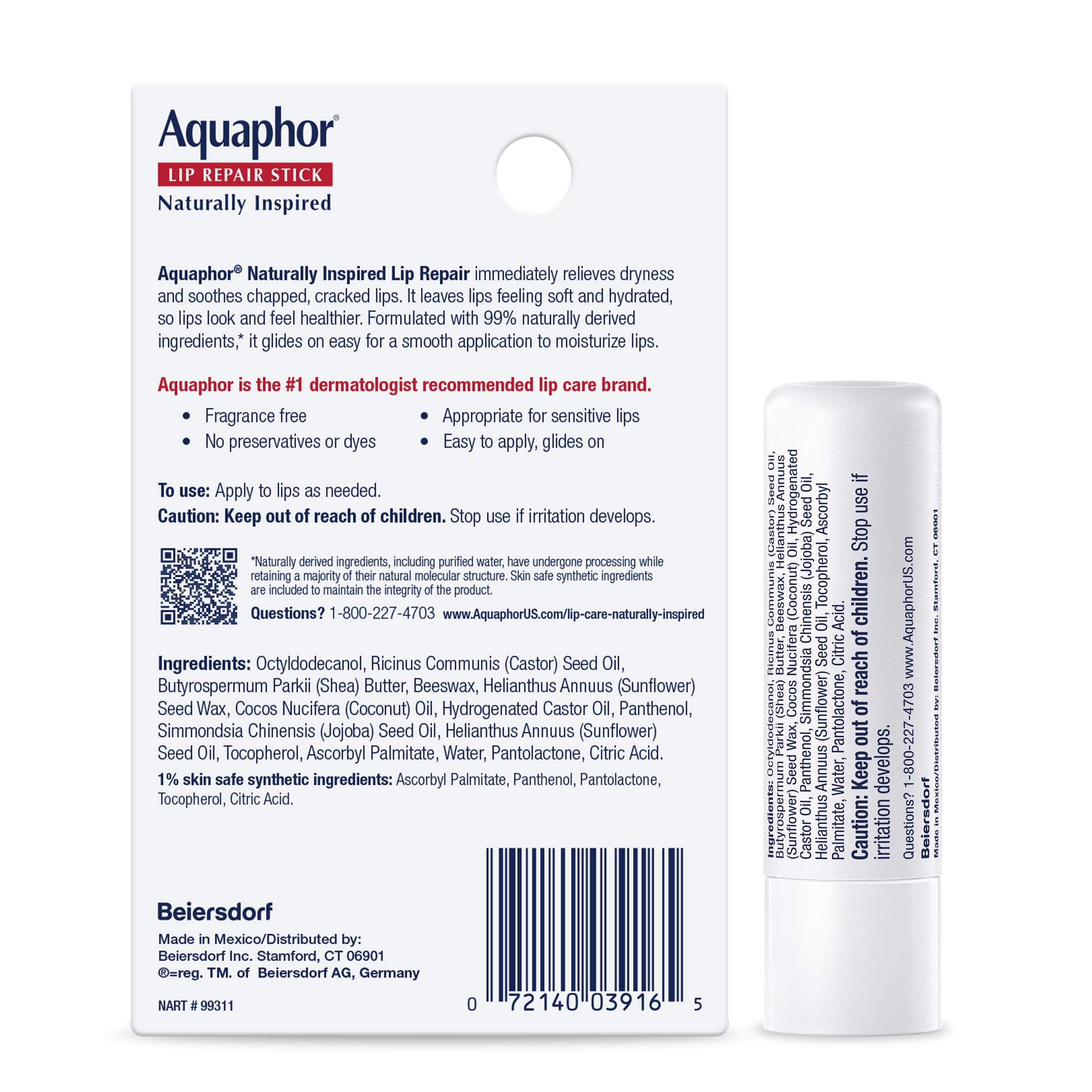 Aquaphor Naturally Inspired Lip Repair Stick with Coconut Oil, 0.17 OZ | Coconut Oil Lip Balm with Shea Butter Immediately Relieves Dryness, Dye, Preservative and Fragrance Free