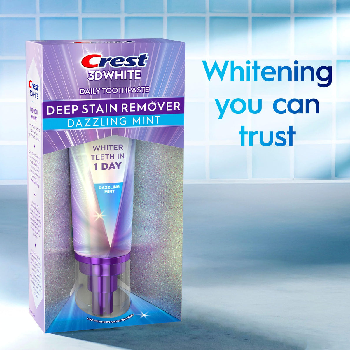 Crest 3DWhite Deep Stain Remover Dazzling Mint Toothpaste, 3.1 oz (Pack of 1), Whiter Teeth in 1 Day, Enamel Safe Fluoride Toothpaste for Fast Stain Removal and Prevention