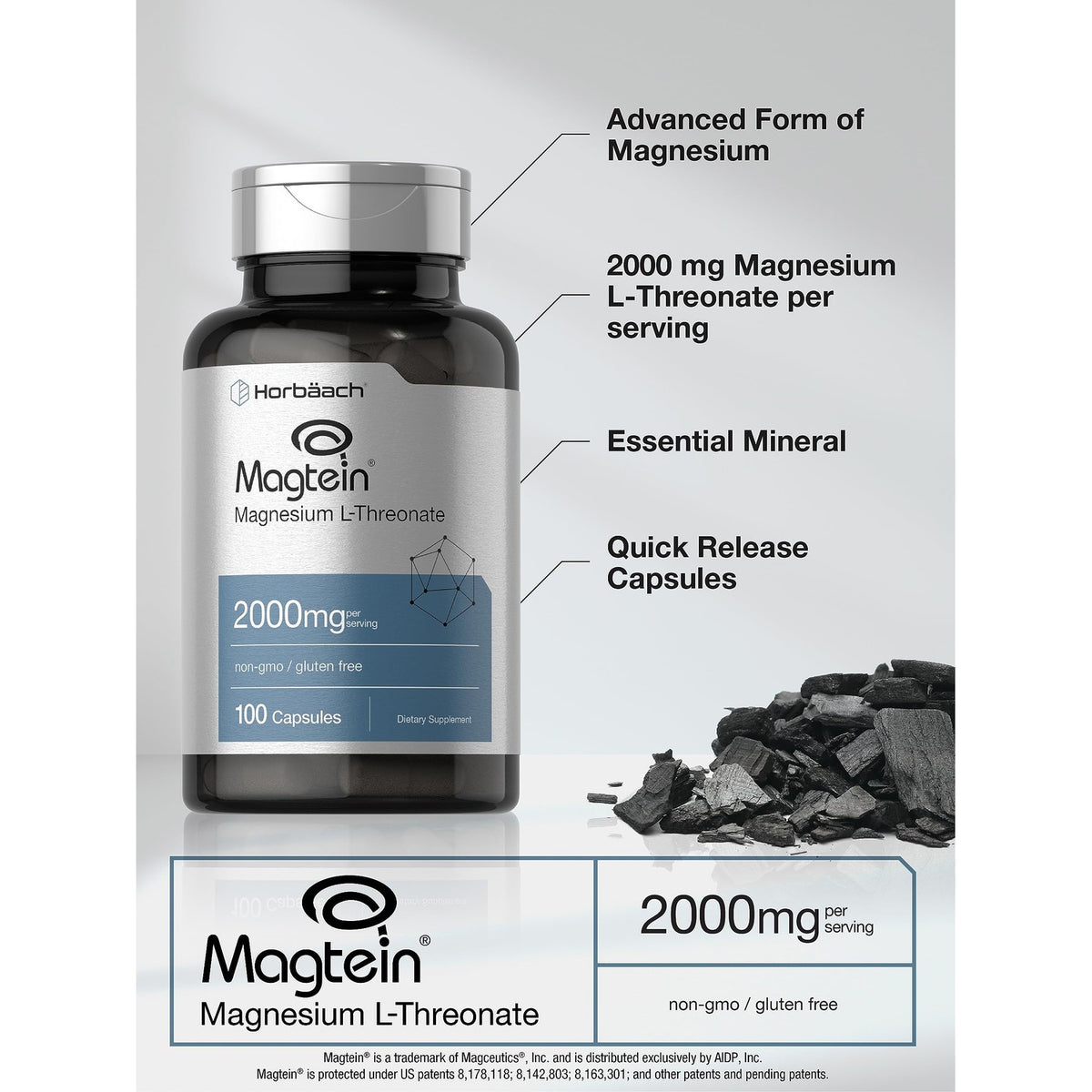Horbäach Magtein Magnesium L-Threonate | 2000mg Supplement | 100 Capsules