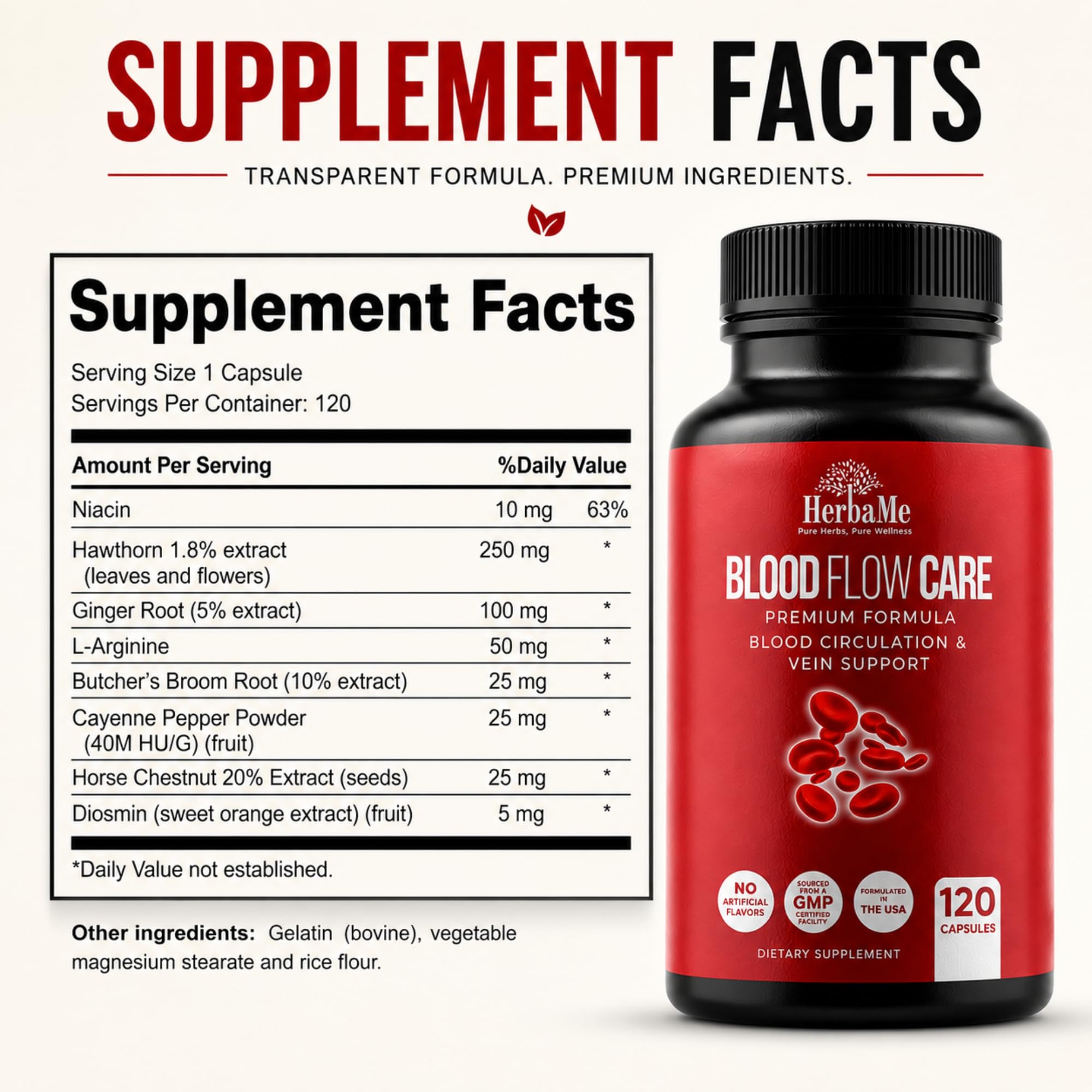 Blood Flow Care Blood Circulation & Leg Vein Support, 120 Capsules | Horse Chestnut, Cayenne Pepper, Diosmin & Butcher's Broom for Healthy Blood Flow, Vascular Function & Leg Comfort