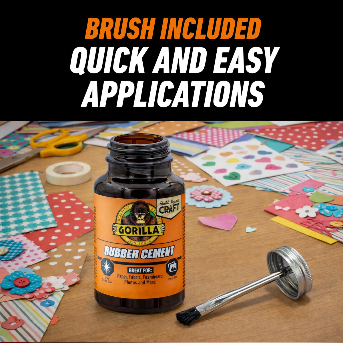 Gorilla Rubber Cement with Brush Applicator, Photo Safe, 4 fl oz, 2-Pack