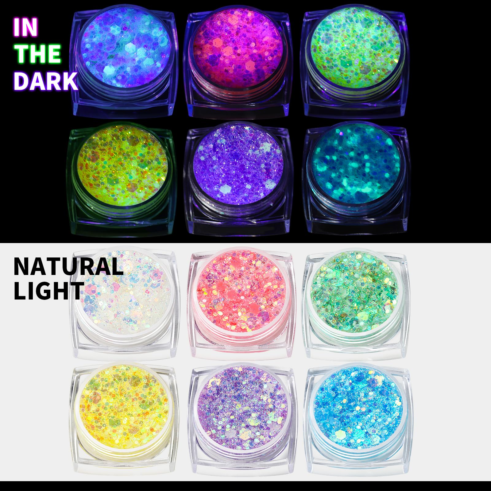 Teenitor 6 Colors Glow in The Dark Glitter Gel, Face Glitter Gel, Body Glitter Hair Glitter for Carnival Makeup UV Black Light Party Cheer Raves Festivals