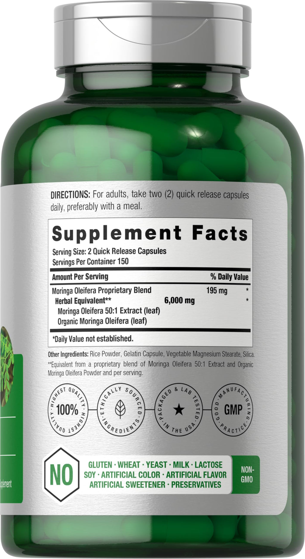 Horbäach Moringa Oleifera | 300 Powder Capsules | Complete Green Superfood